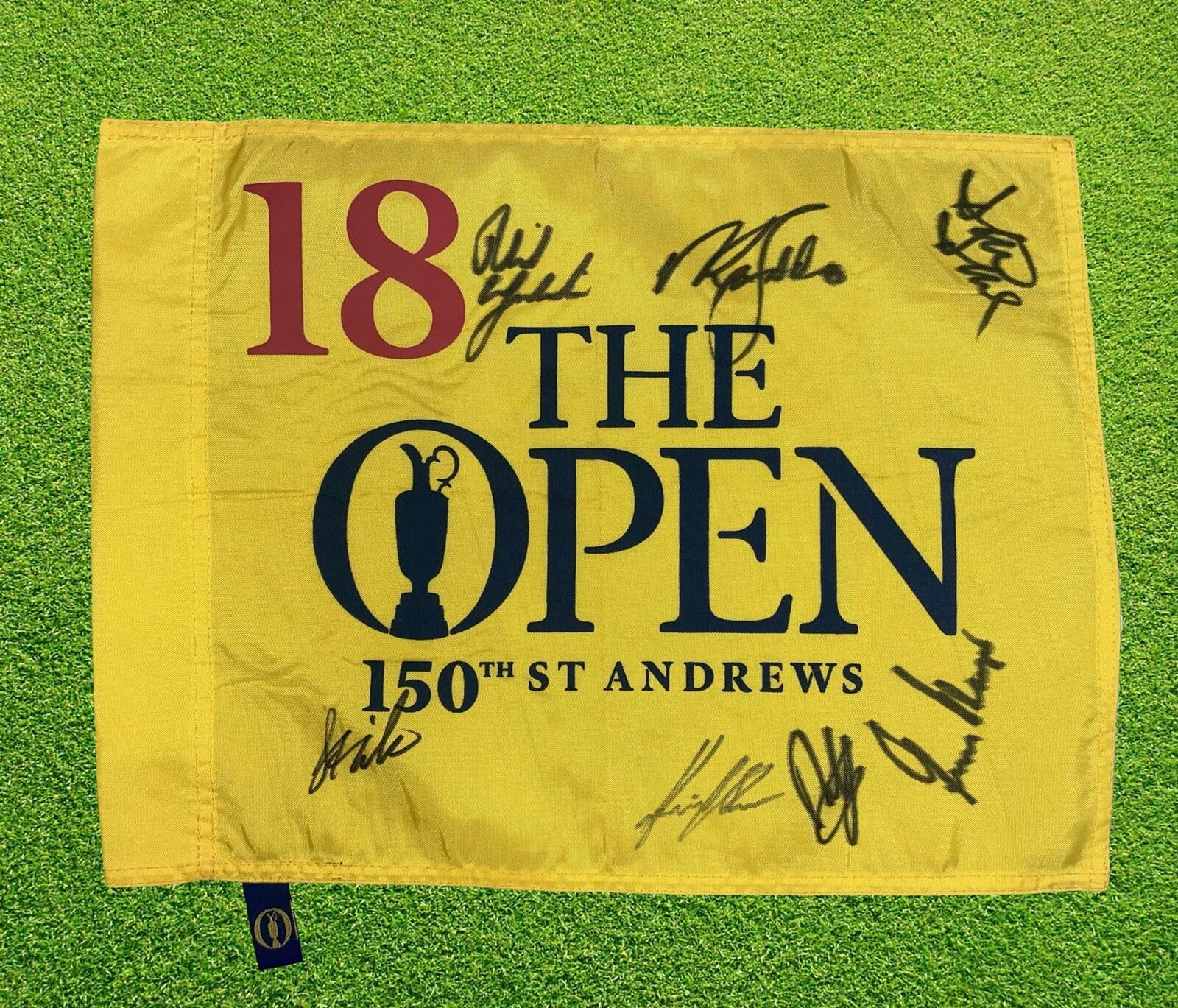 THE OPEN 150TH ANNIVERSARY PIN FLAG SIGNED BY 7 WINNERS PLAYER FALDO CINK DUVAL