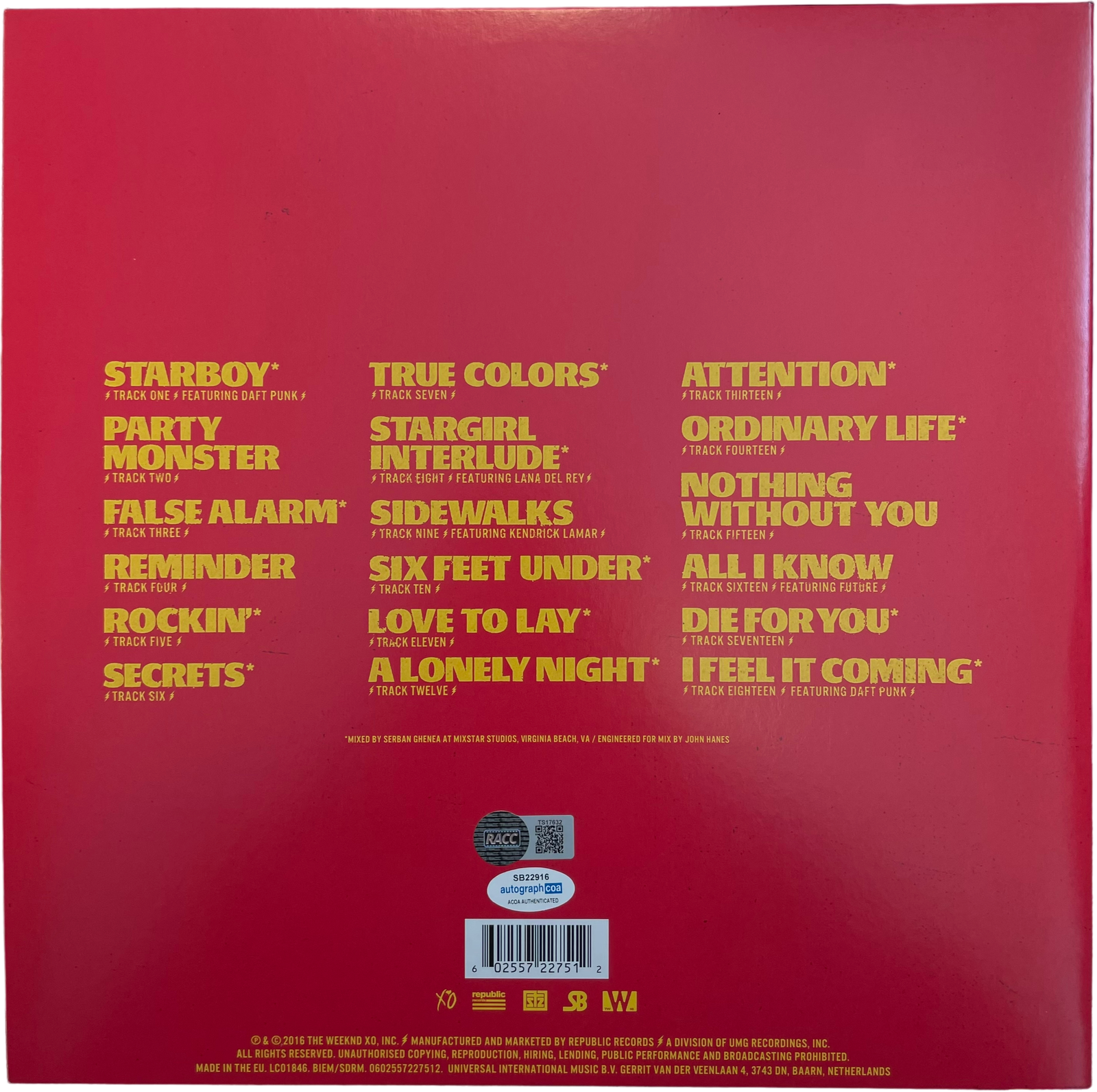 THE WEEKND SIGNED STARBOY LP VINYL ALBUM (ACOA RACC COA)