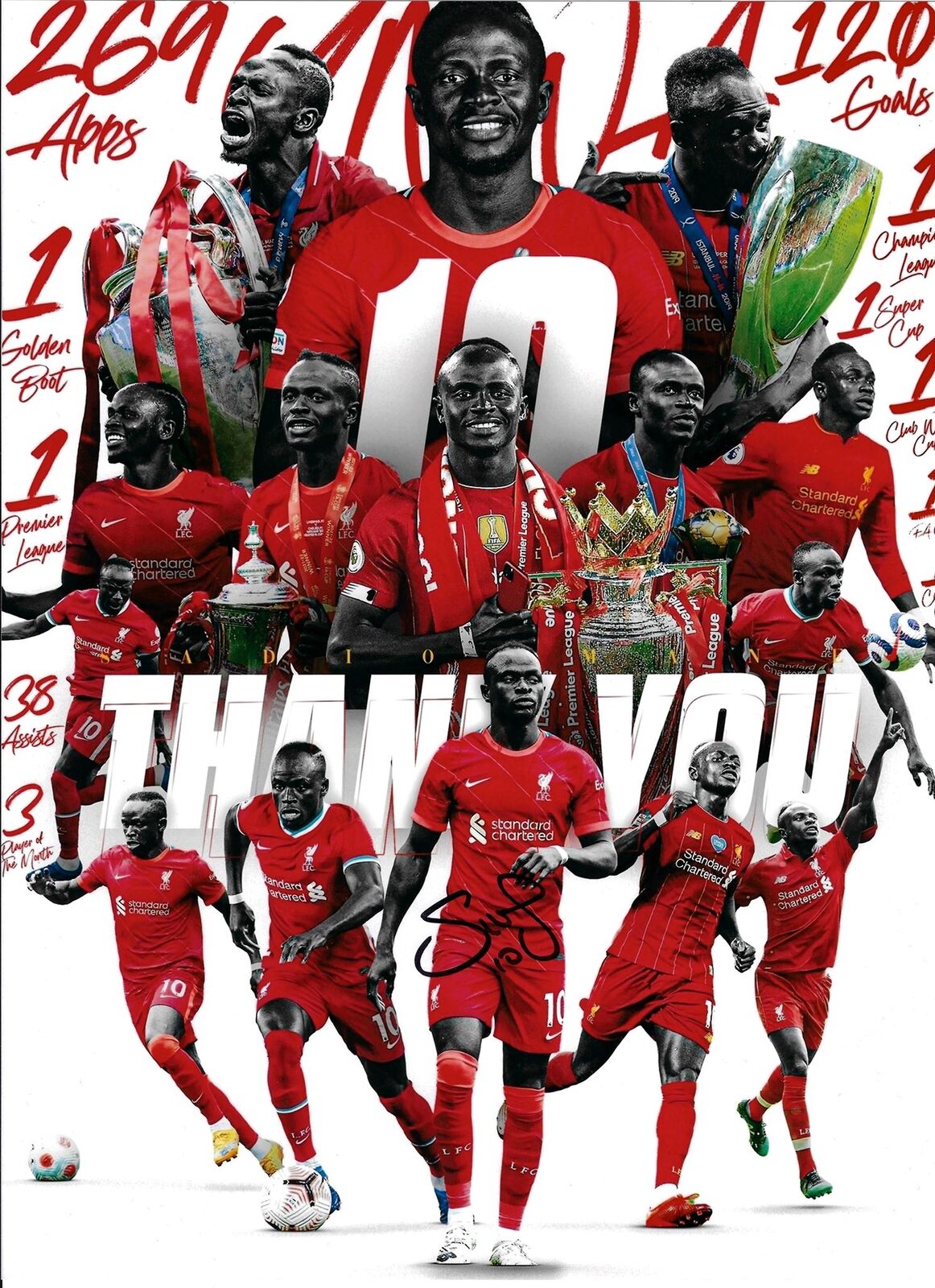 SADIO MANE SIGNED 16x12 LIVERPOOL FC CAREER THANK YOU MONTAGE PHOTO (AFTAL COA)