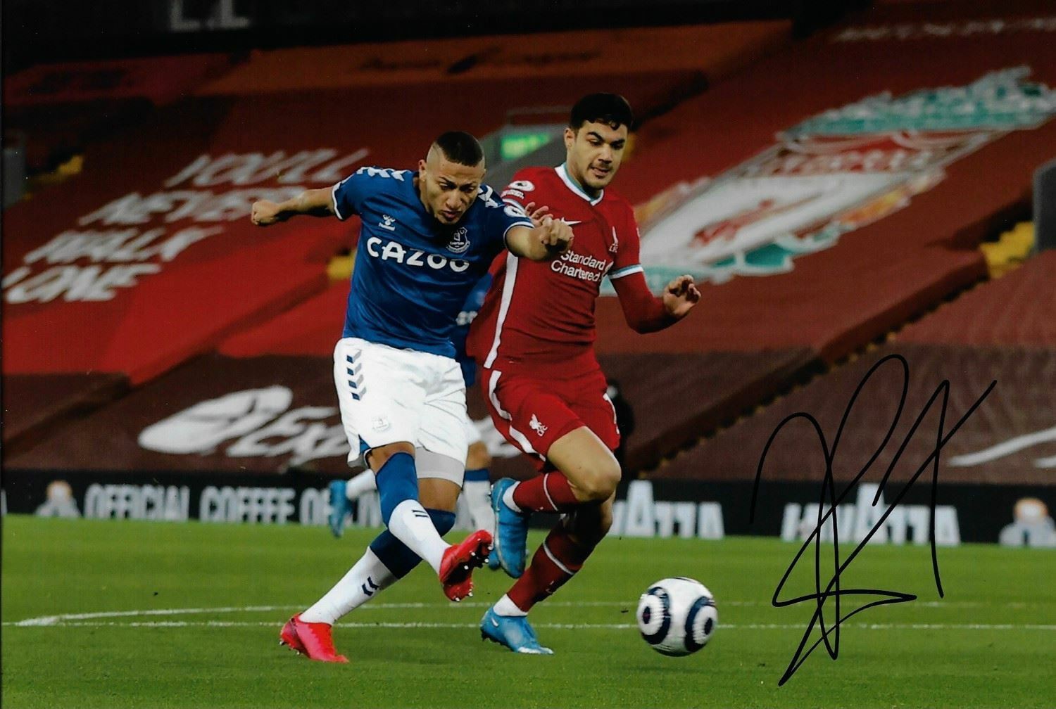 RICHARLISON SIGNED EVERTON FC 12X8 ANFIELD MERSEYSIDE DERBY PHOTO (AFTAL COA)