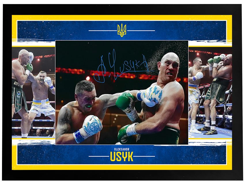 OLEKSANDR USYK FRAMED SIGNED 14x11 USYK FURY UNDISPUTED PHOTO (AFTAL COA)