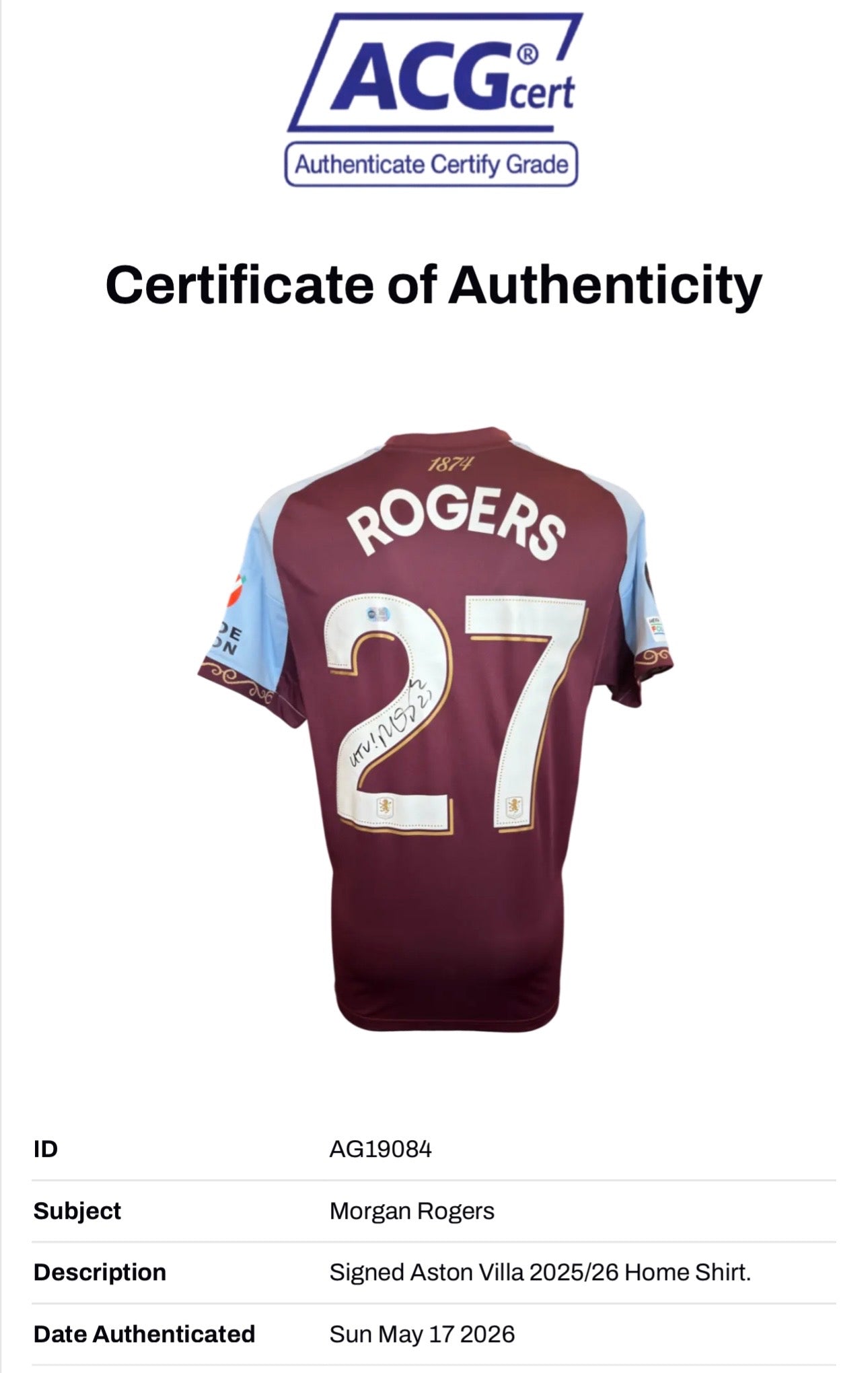 MORGAN ROGERS SIGNED 25/26 ASTON VILLA HOME UEL SHIRT (ACG CERT AG19084)