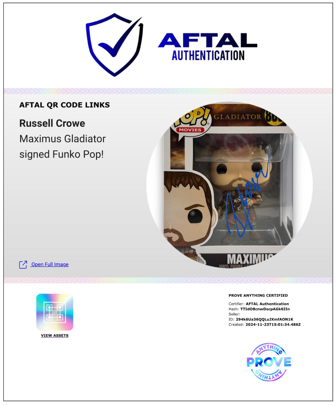 RUSSELL CROWE SIGNED MAXIMUS GLADIATOR #860 FUNKO POP! (AFTAL AUTHENTICATED) 2