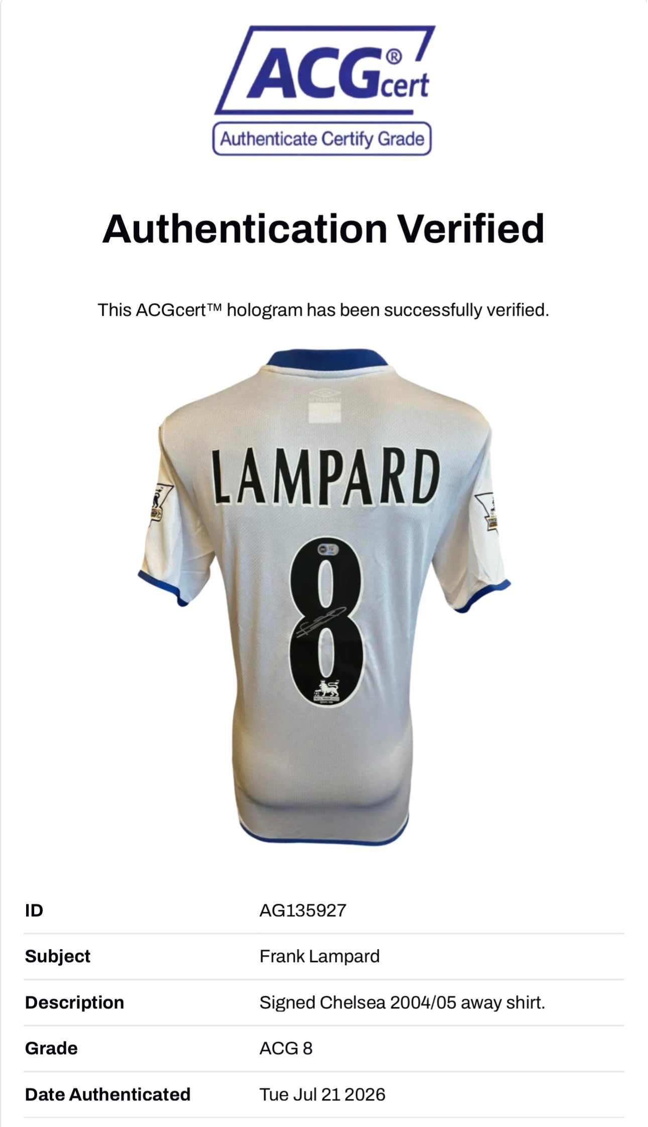 FRANK LAMPARD SIGNED CHELSEA 2004/05 AWAY SHIRT (ACG CERT AG135927)-2