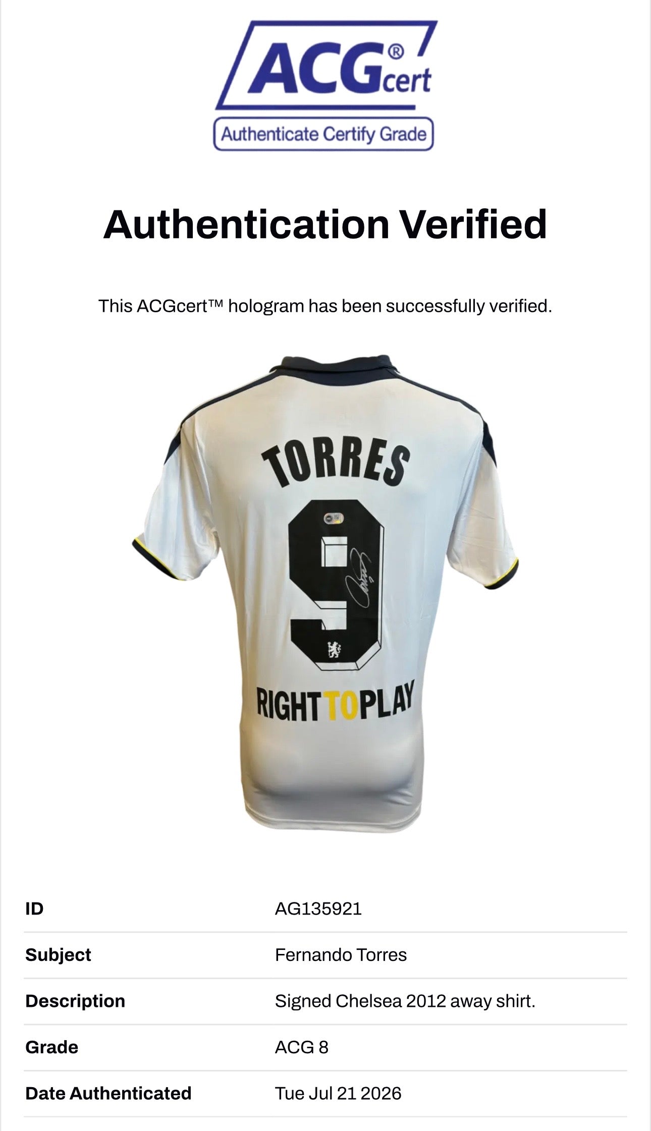 FERNANDO TORRES SIGNED CHELSEA 2012 UCL AWAY SHIRT (ACG CERT AG135921)-2