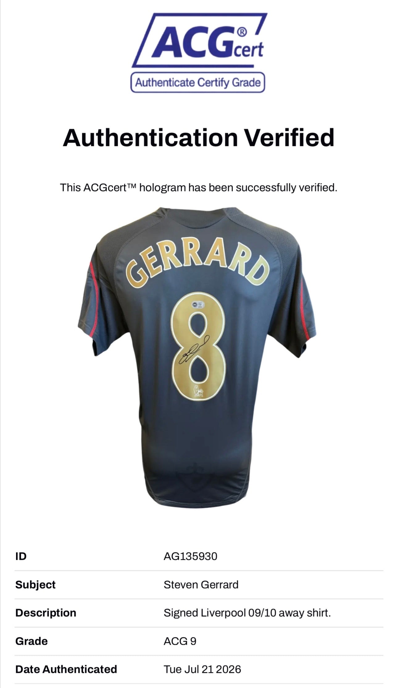 STEVEN GERRARD SIGNED LIVERPOOL FC 2009/10 AWAY SHIRT (ACG CERT AG135930)-2