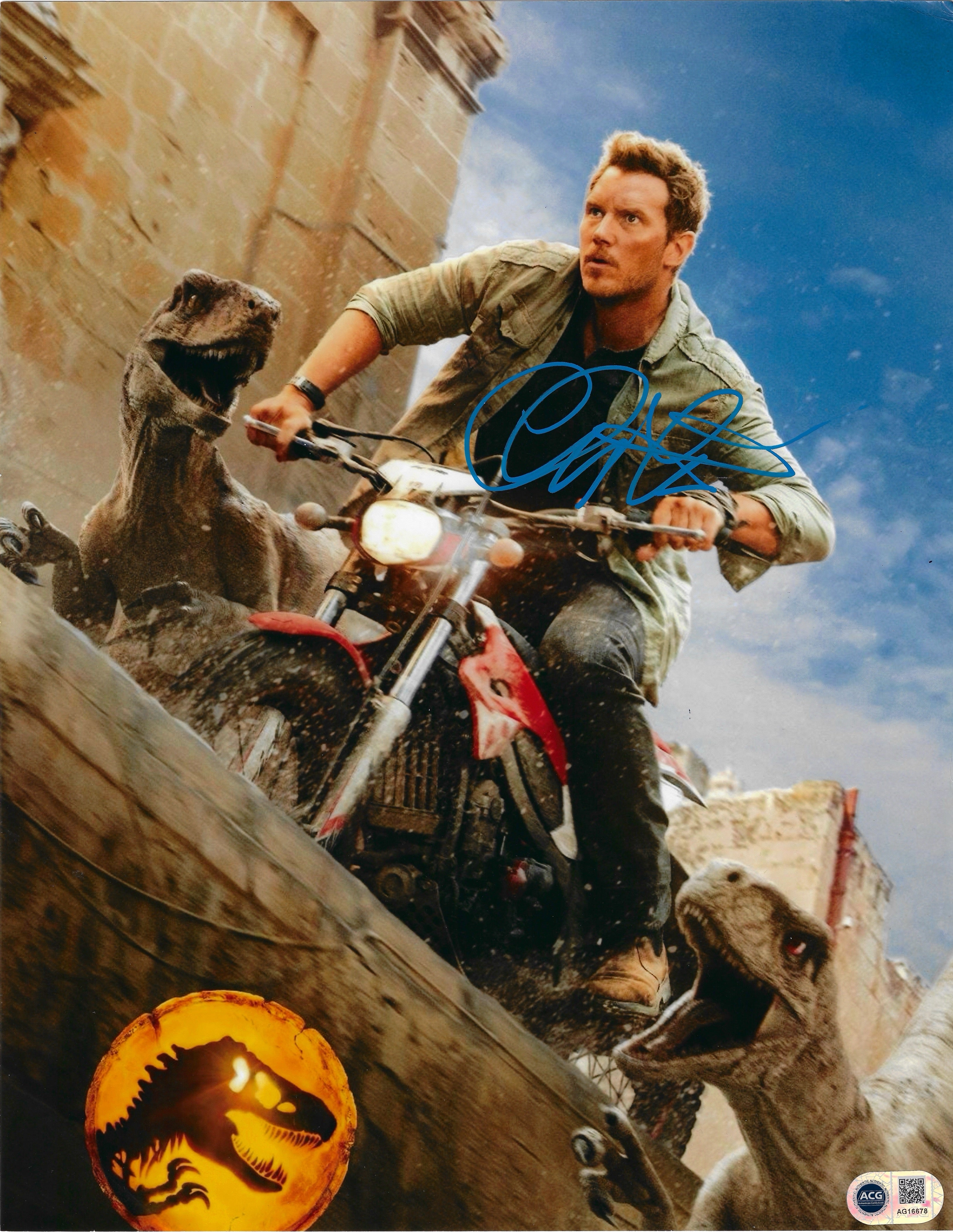 CHRIS PRATT SIGNED JURASSIC WORLD 14x11 PHOTO (ACG CERT AG16678)