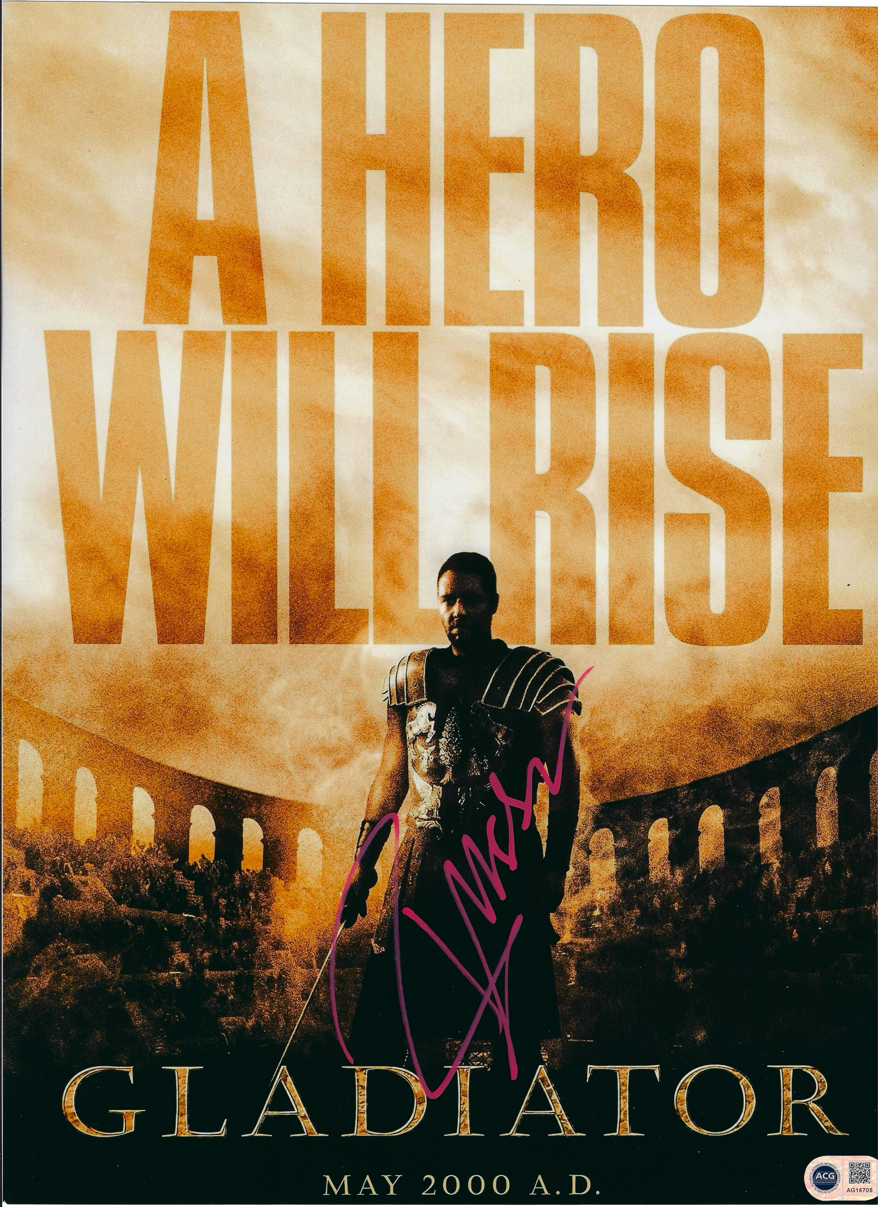 RUSSELL CROWE SIGNED 16x12 GLADIATOR MOVIE PHOTO (ACG CERT AG16705)