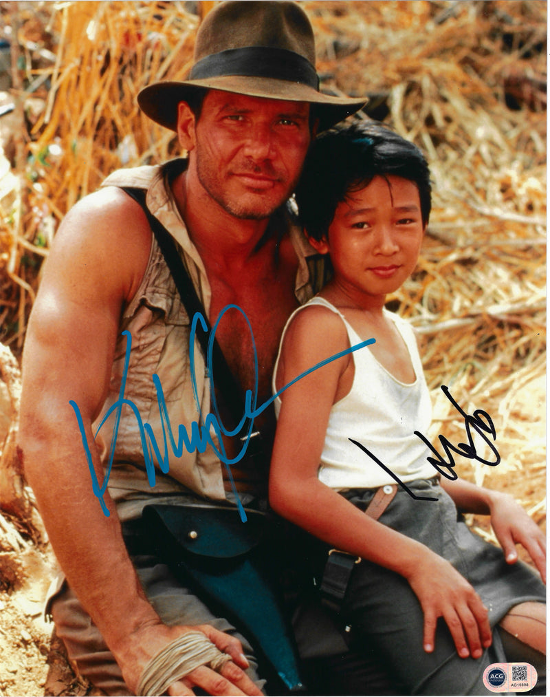 HARRISON FORD & KE HUY QUAN SIGNED INDIANA JONES 14x11 PHOTO (ACG CERT AG16698)-1