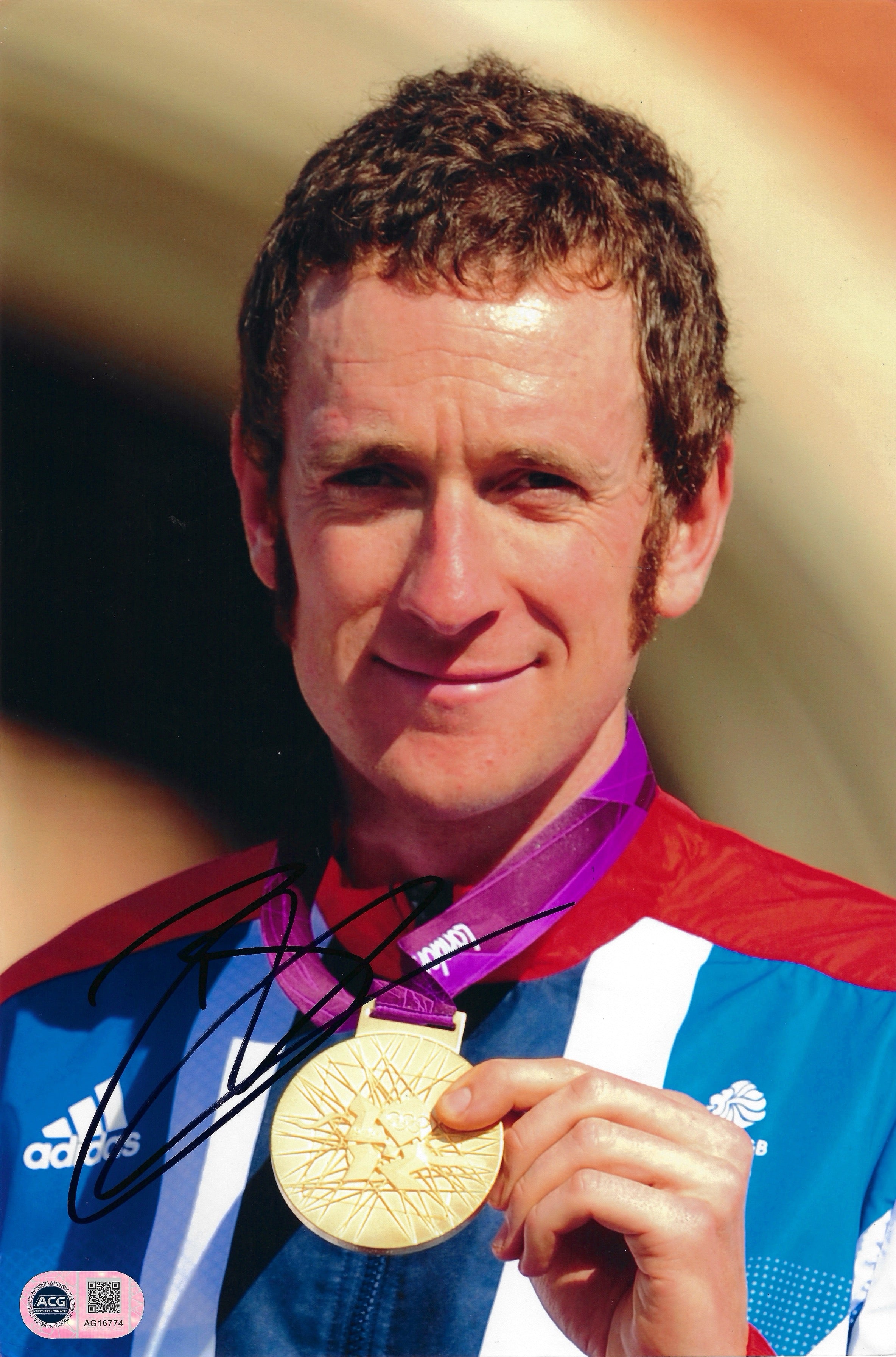BRADLEY WIGGINS SIGNED 12x8 OLYMPIC GOLD WIN PHOTO (ACG CERT AG16774)