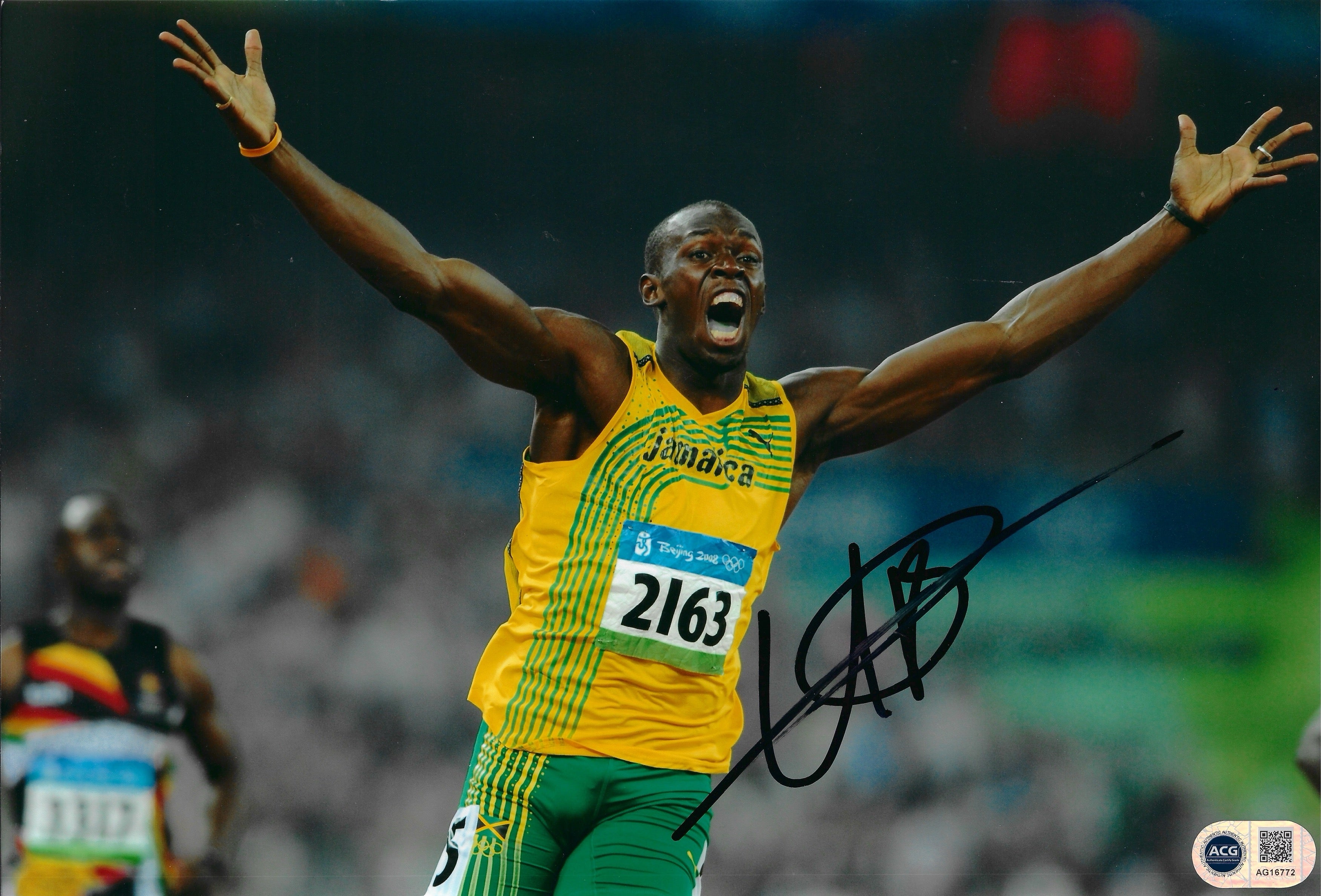 USAIN BOLT SIGNED 12x8 OLYMPICS LEGEND JAMAICA PHOTO (ACG CERT AG16772)