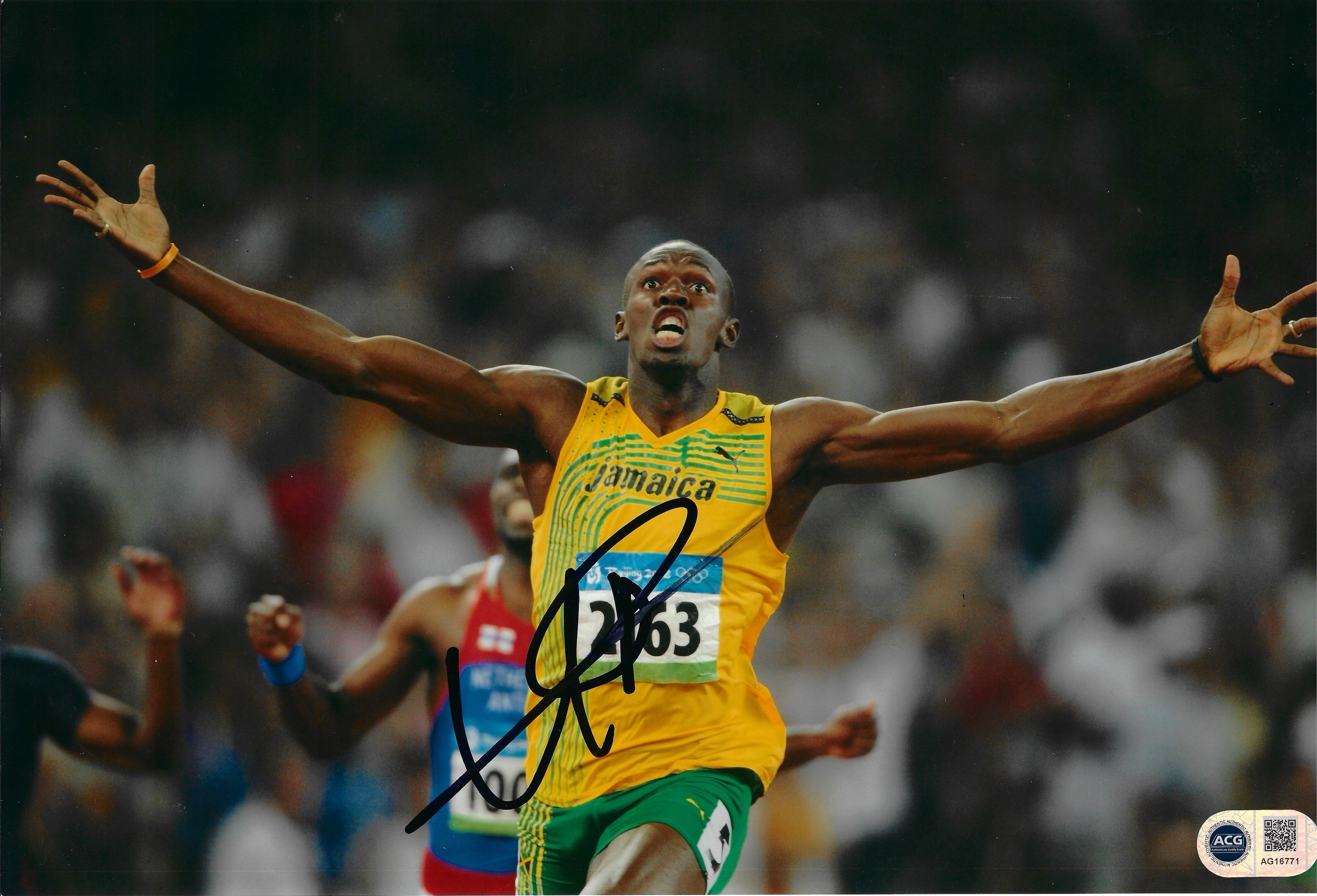 USAIN BOLT SIGNED 12x8 OLYMPICS LEGEND JAMAICA PHOTO (ACG CERT AG16771)