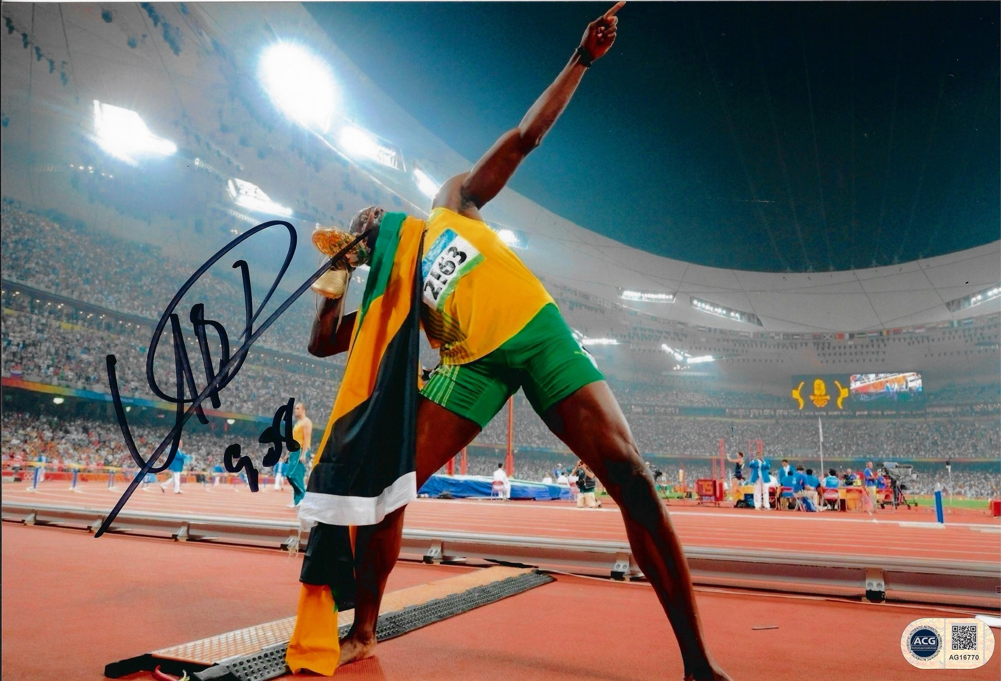 USAIN BOLT SIGNED 12x8 9.58 OLYMPICS LEGEND JAMAICA PHOTO (ACG CERT AG16770)-1