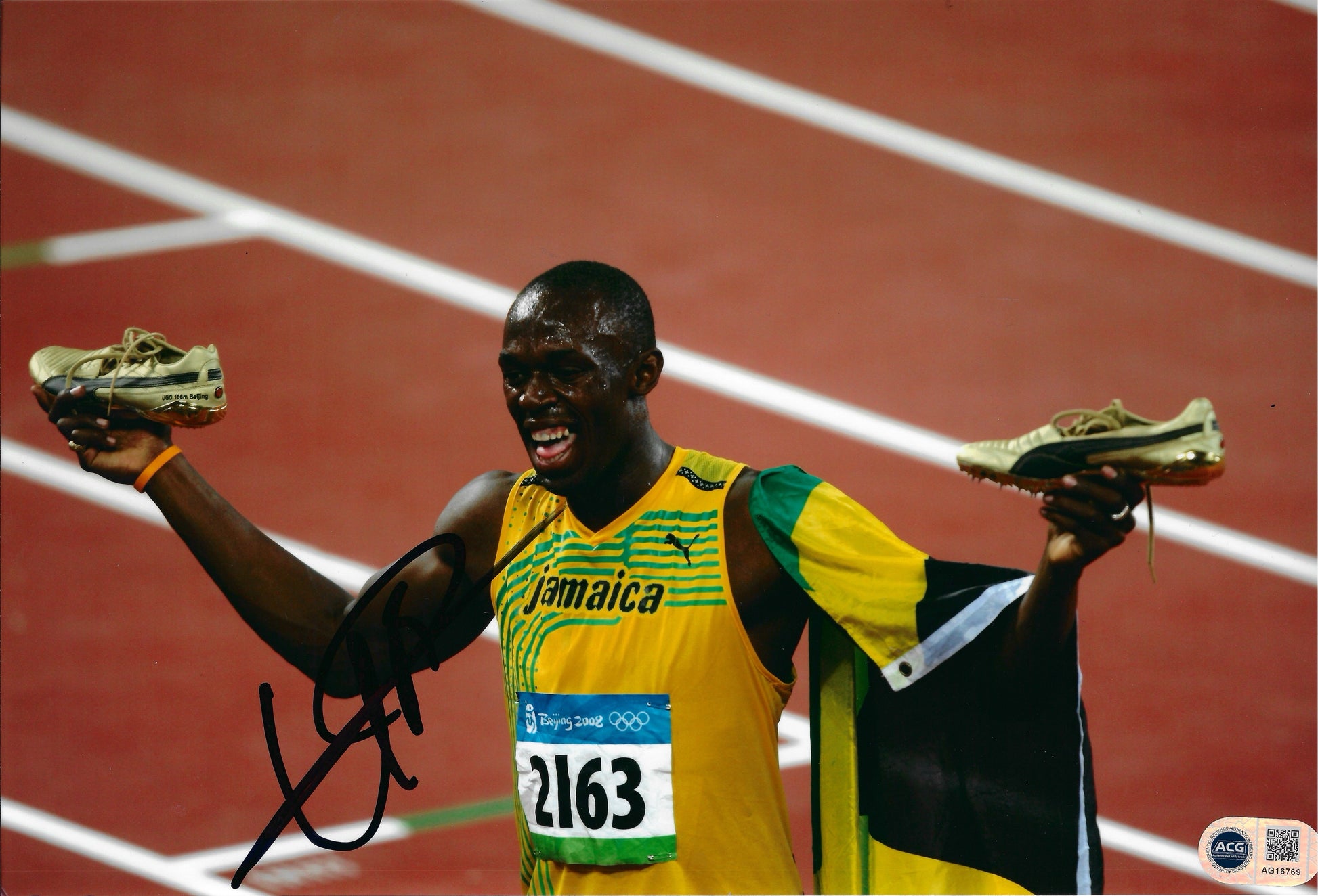 USAIN BOLT SIGNED 12x8 OLYMPICS LEGEND JAMAICA PHOTO (ACG CERT AG16768)-1