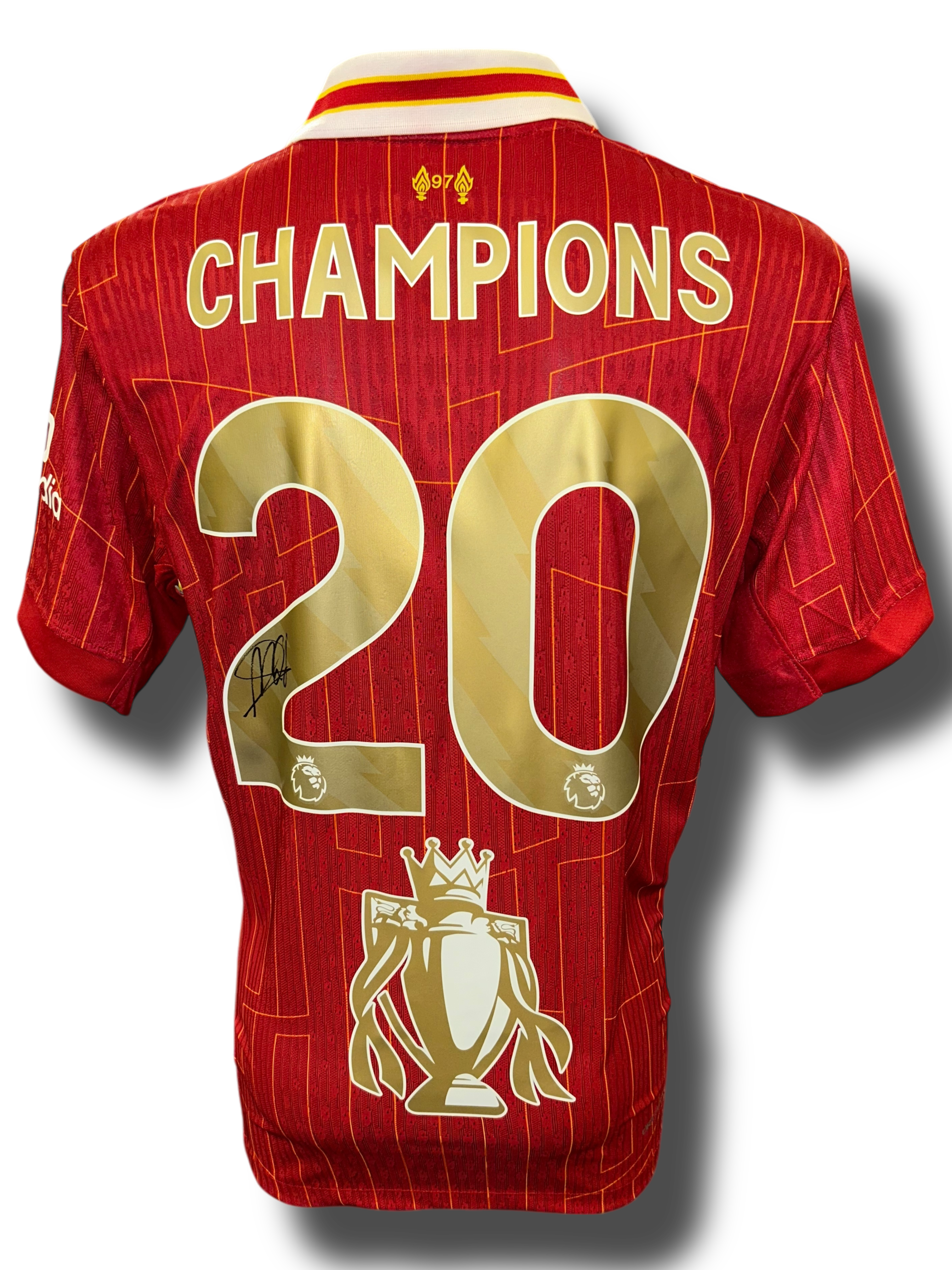 ARNE SLOT SIGNED LIVERPOOL FC 24/25 CHAMPIONS GOLD TROPHY HOME SHIRT (AFTAL COA)