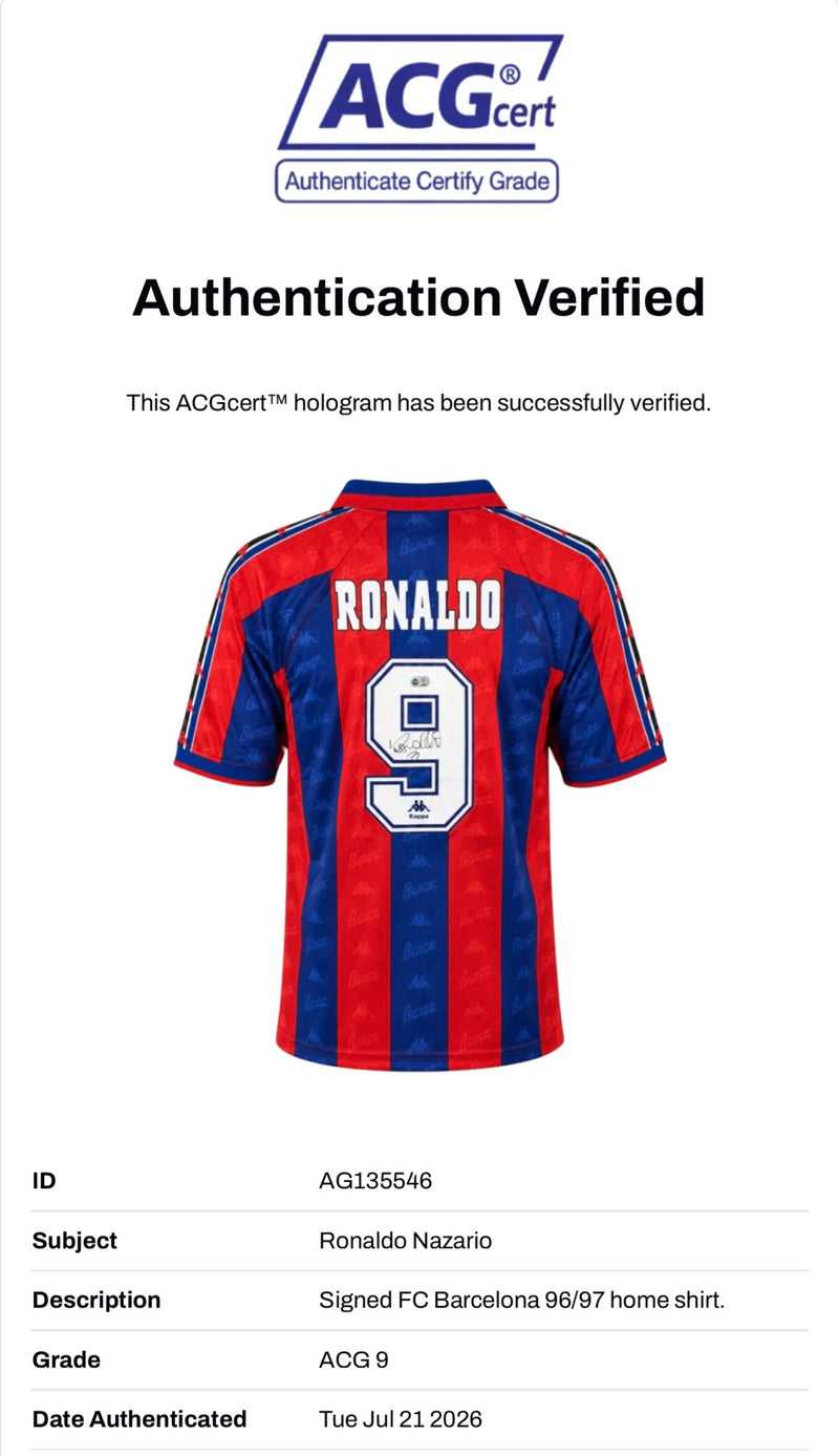 RONALDO NAZARIO SIGNED FC BARCELONA 95/97 HOME SHIRT (ACG CERT AG135546)-2