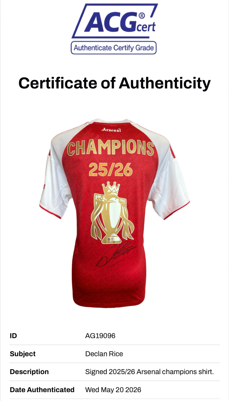 DECLAN RICE SIGNED ARSENAL CHAMPIONS 25/26 HOME SHIRT (ACG CERT AG19096)-2