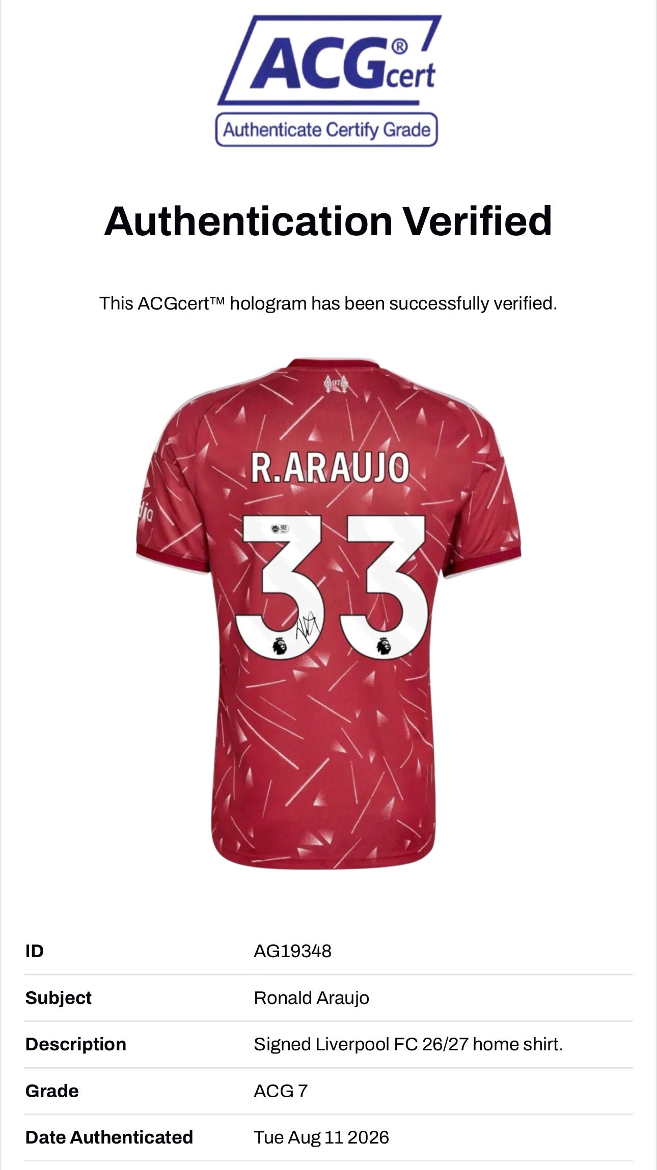 RONALD ARAUJO SIGNED LIVERPOOL FC 26/27 HOME SHIRT (ACG CERT AG19348)-3