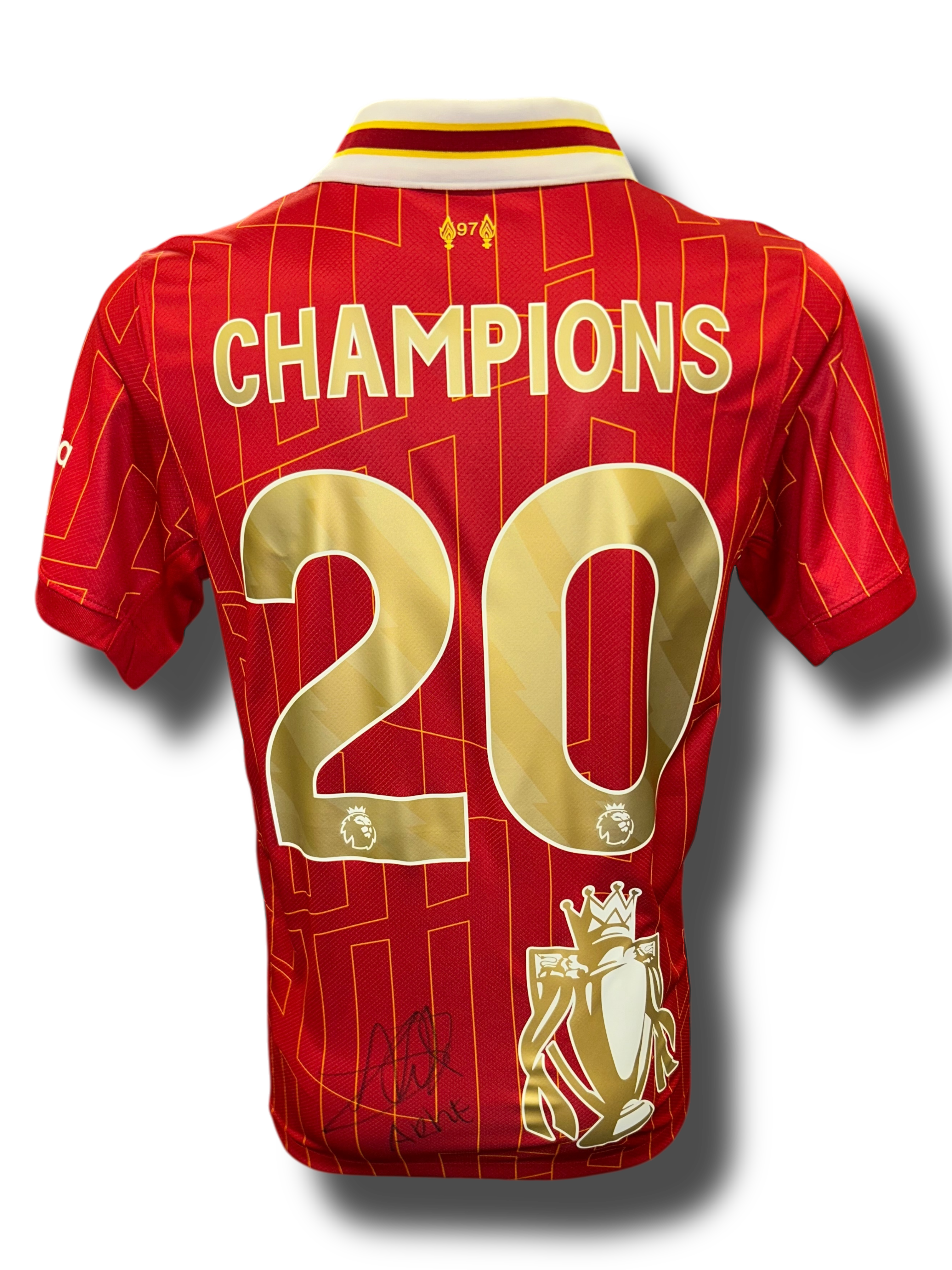 ARNE SLOT SIGNED LIVERPOOL FC 24/25 CHAMPIONS GOLD TROPHY HOME SHIRT 2 (AFTAL COA)