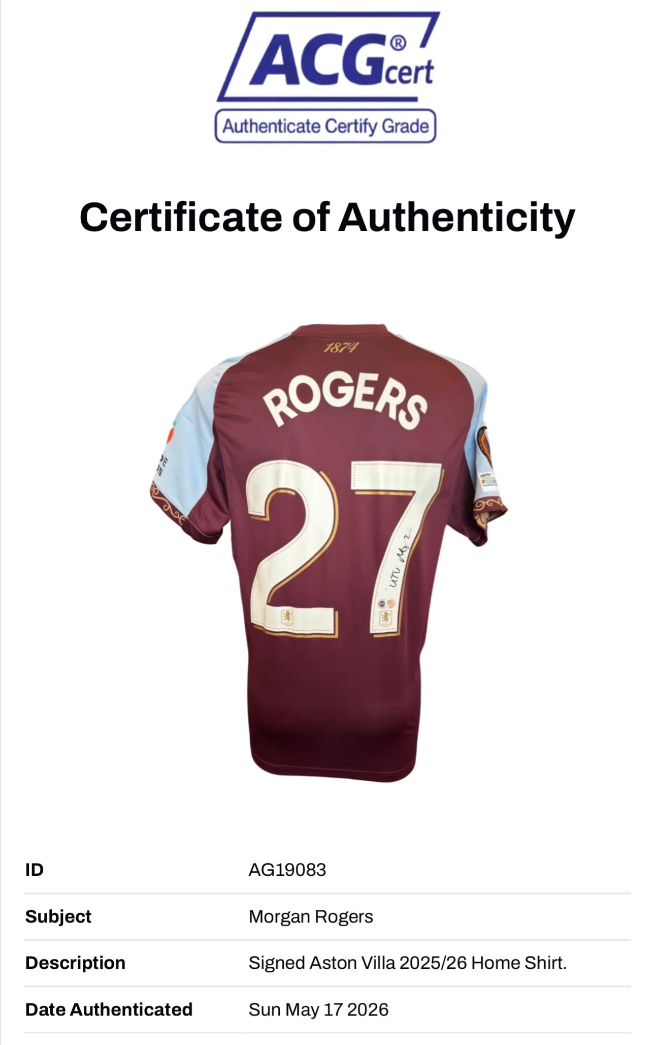 MORGAN ROGERS SIGNED 25/26 ASTON VILLA HOME UEL SHIRT (ACG CERT AG19083)