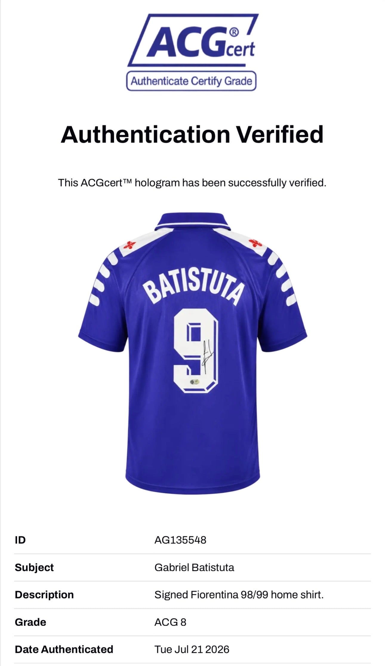 GABRIEL BATISTUTA SIGNED ACF FIORENTINA 98/99 HOME SHIRT (ACG CERT AG135548)-2