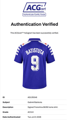 GABRIEL BATISTUTA SIGNED ACF FIORENTINA 98/99 HOME SHIRT (ACG CERT AG135548)-2