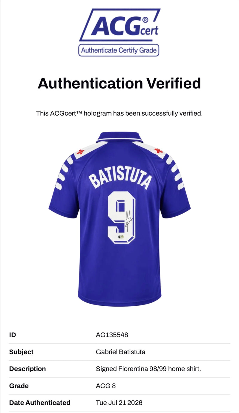 GABRIEL BATISTUTA SIGNED ACF FIORENTINA 98/99 HOME SHIRT (ACG CERT AG135548)-2