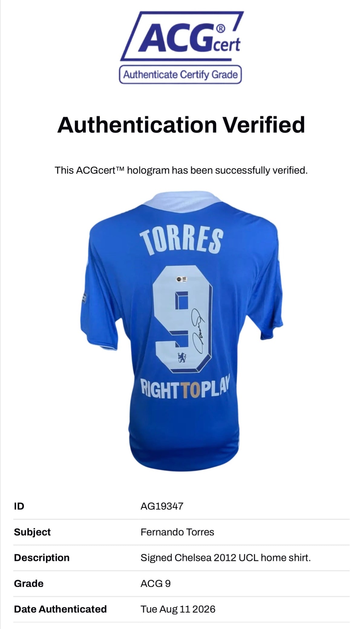 FERNANDO TORRES SIGNED CHELSEA 2012 MUNICH UCL WINNERS HOME SHIRT (ACG CERT AG19347)-2