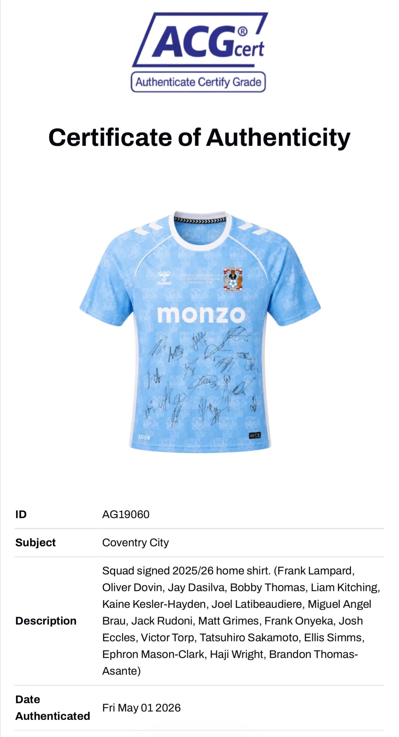 COVENTRY CITY FC 2025/26 CHAMPIONS SQUAD SIGNED HOME SHIRT (ACG CERT AG19060)-2