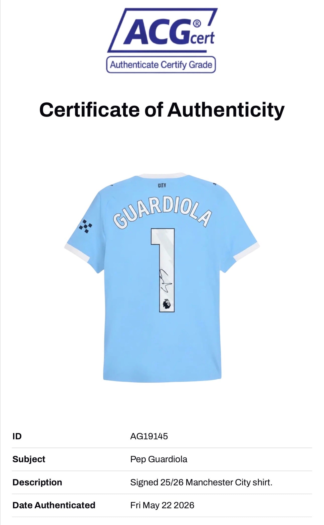 PEP GUARDIOLA SIGNED 2025/26 MANCHESTER CITY HOME SHIRT (ACG CERT AG19145)-2