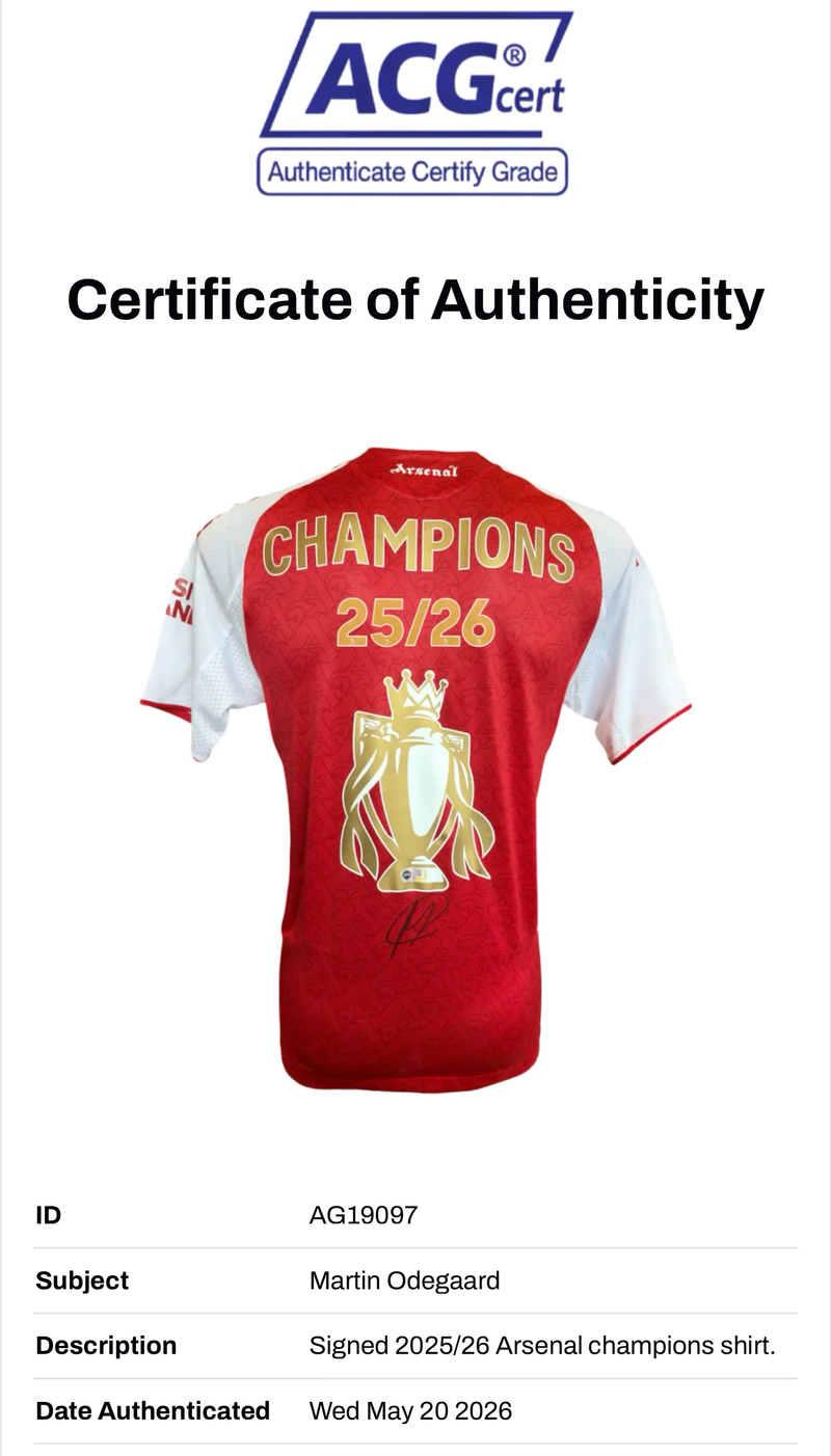 MARTIN ODEGAARD SIGNED ARSENAL CHAMPIONS 25/26 HOME SHIRT (ACG CERT AG19097)-2