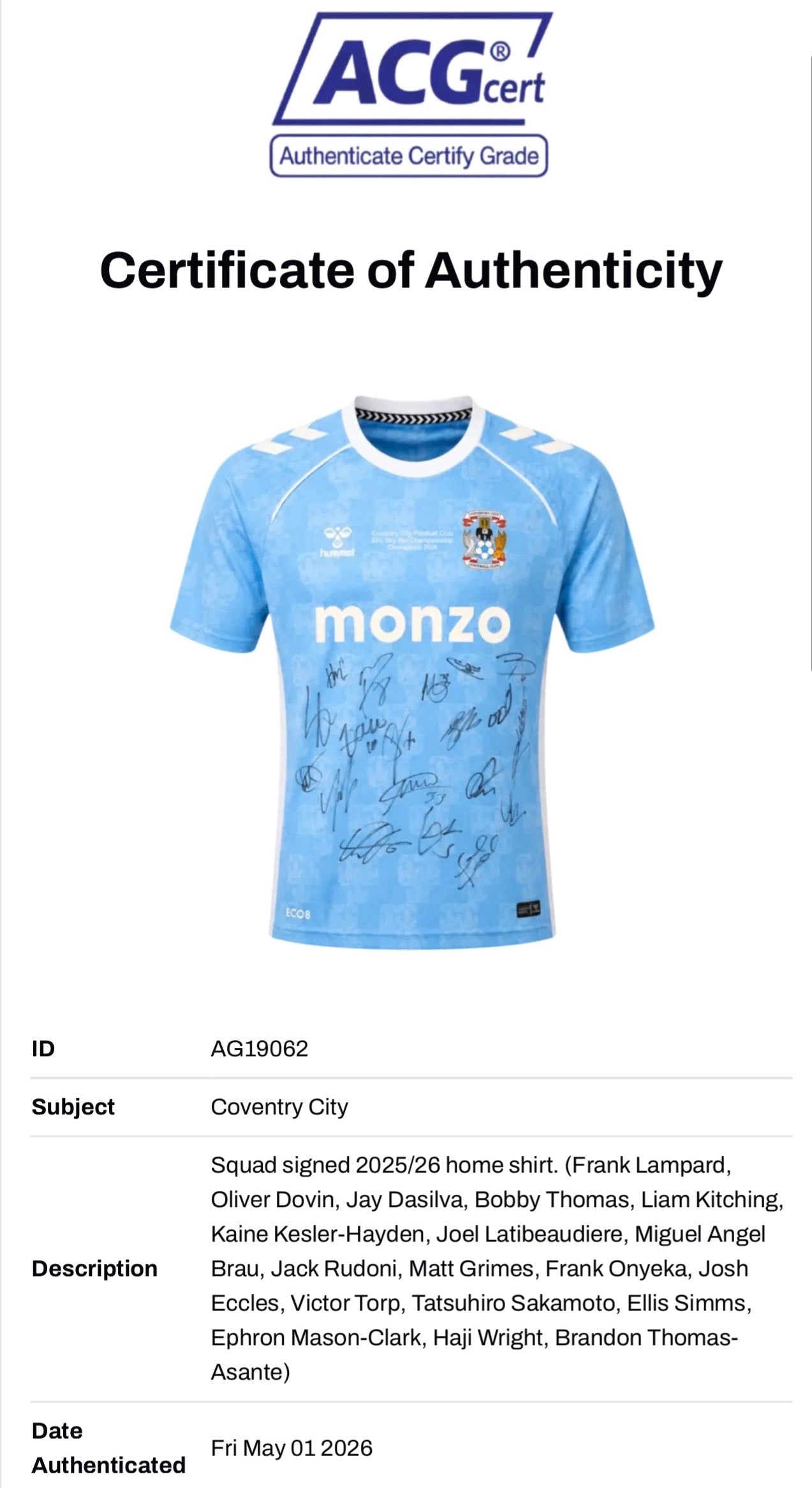 COVENTRY CITY FC 2025/26 CHAMPIONS SQUAD SIGNED HOME SHIRT (ACG CERT AG19062)-2
