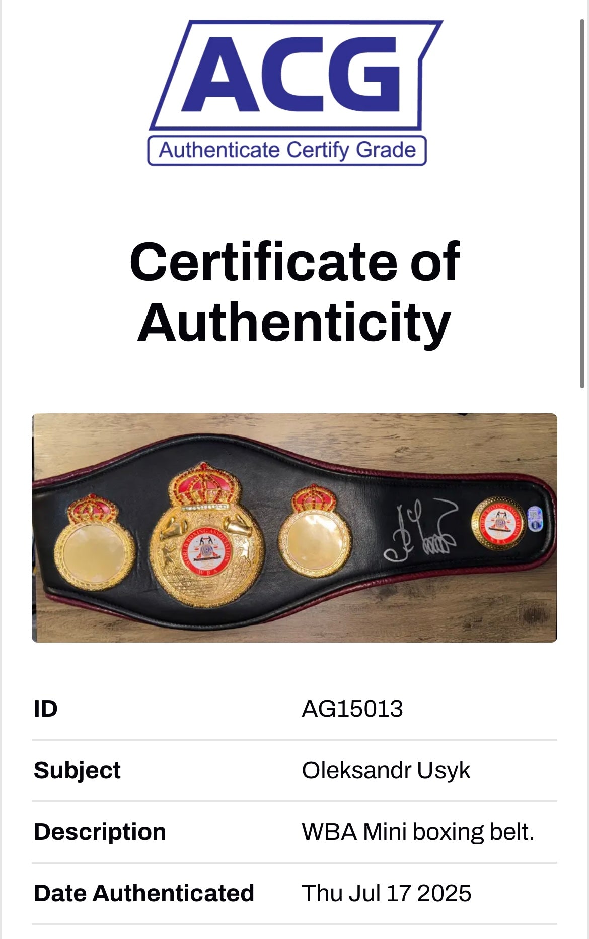 OLEKSANDR USYK SIGNED MINI WBA BOXING BELT (ACG AG15013)