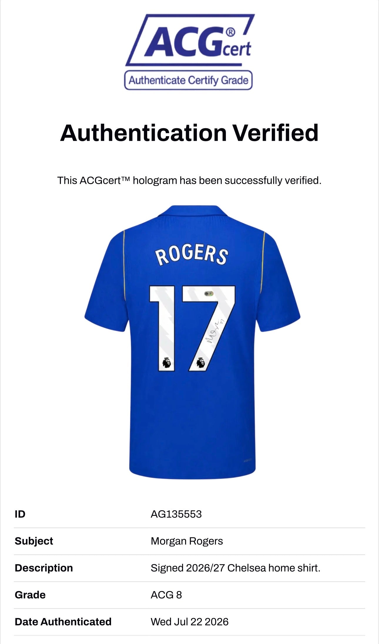 MORGAN ROGERS SIGNED CHELSEA FC 2026/27 HOME SHIRT (ACG CERT AG135553)-2