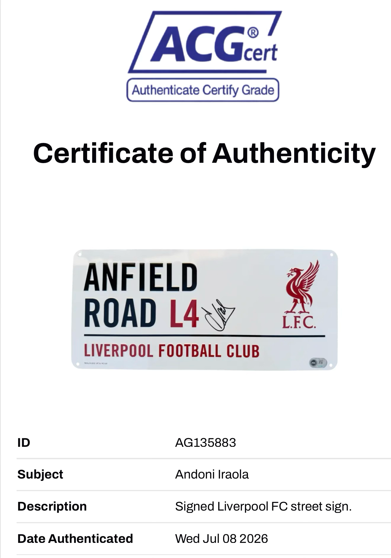 ANDONI IRAOLA SIGNED LIVERPOOL FC ANFIELD STREET SIGN (ACG CERT AG135883)-2