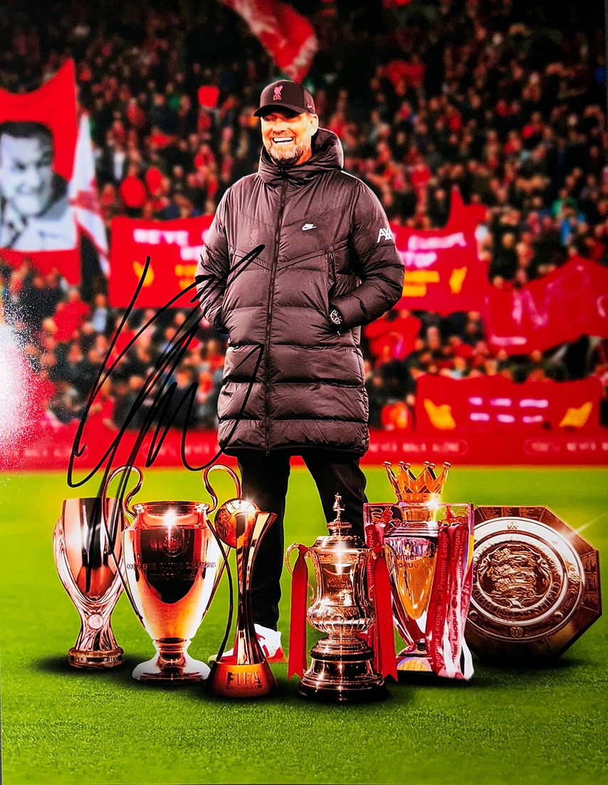 JURGEN KLOPP SIGNED LIVERPOOL FC TROPHY WINNERS 16x12 (AFTAL COA)