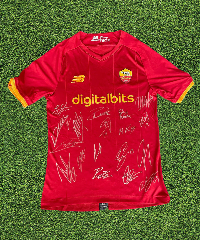 AS ROMA SQUAD SIGNED 2021/22 SHIRT ABRAHAM, ZANIOLO, BELOTTI (AFTAL COA)-1