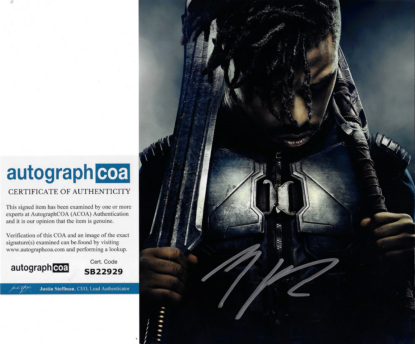 MICHAEL B JORDAN SIGNED BLACK PANTHER KILLMONGER 10X8 PHOTO (ACOA RACC COA)