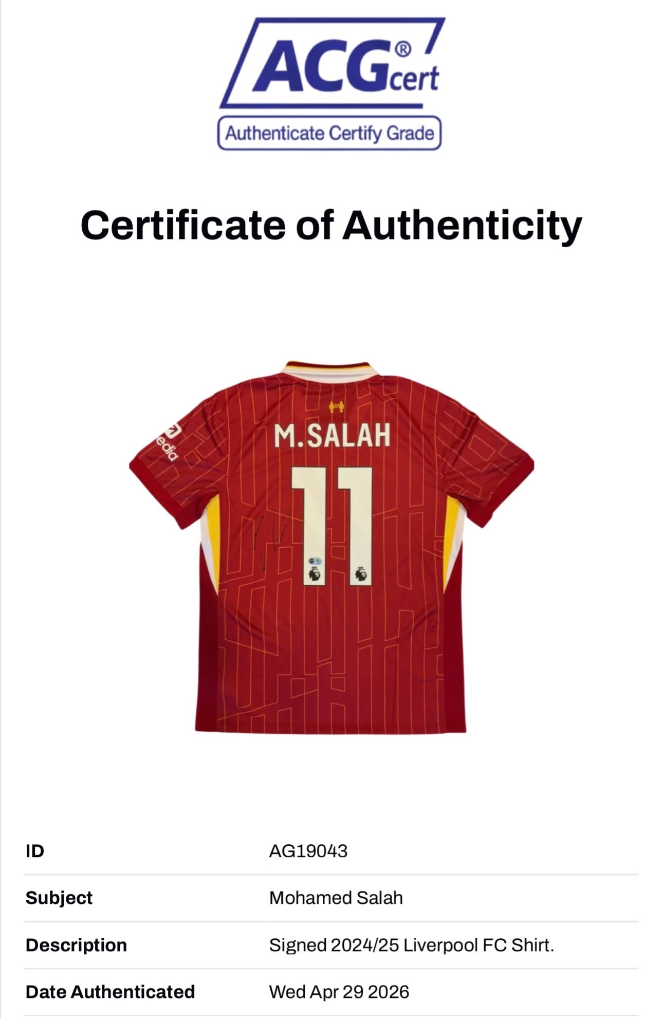 MOHAMED SALAH SIGNED LIVERPOOL FC HOME 2024/25 SHIRT (ACG CERT AG19043)-3