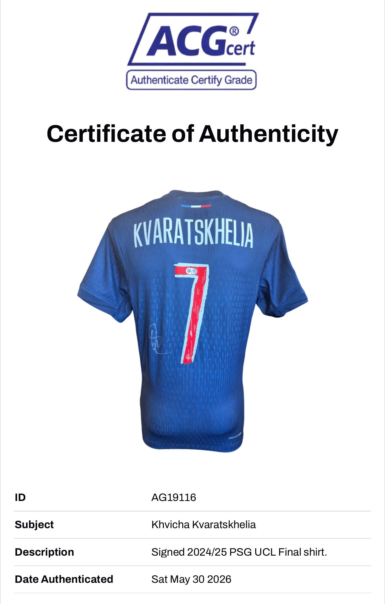 KHVICHA KVARATSKHELIA SIGNED 24/25 PARIS SAINT-GERMAIN HOME SHIRT (ACG CERT AG19116)