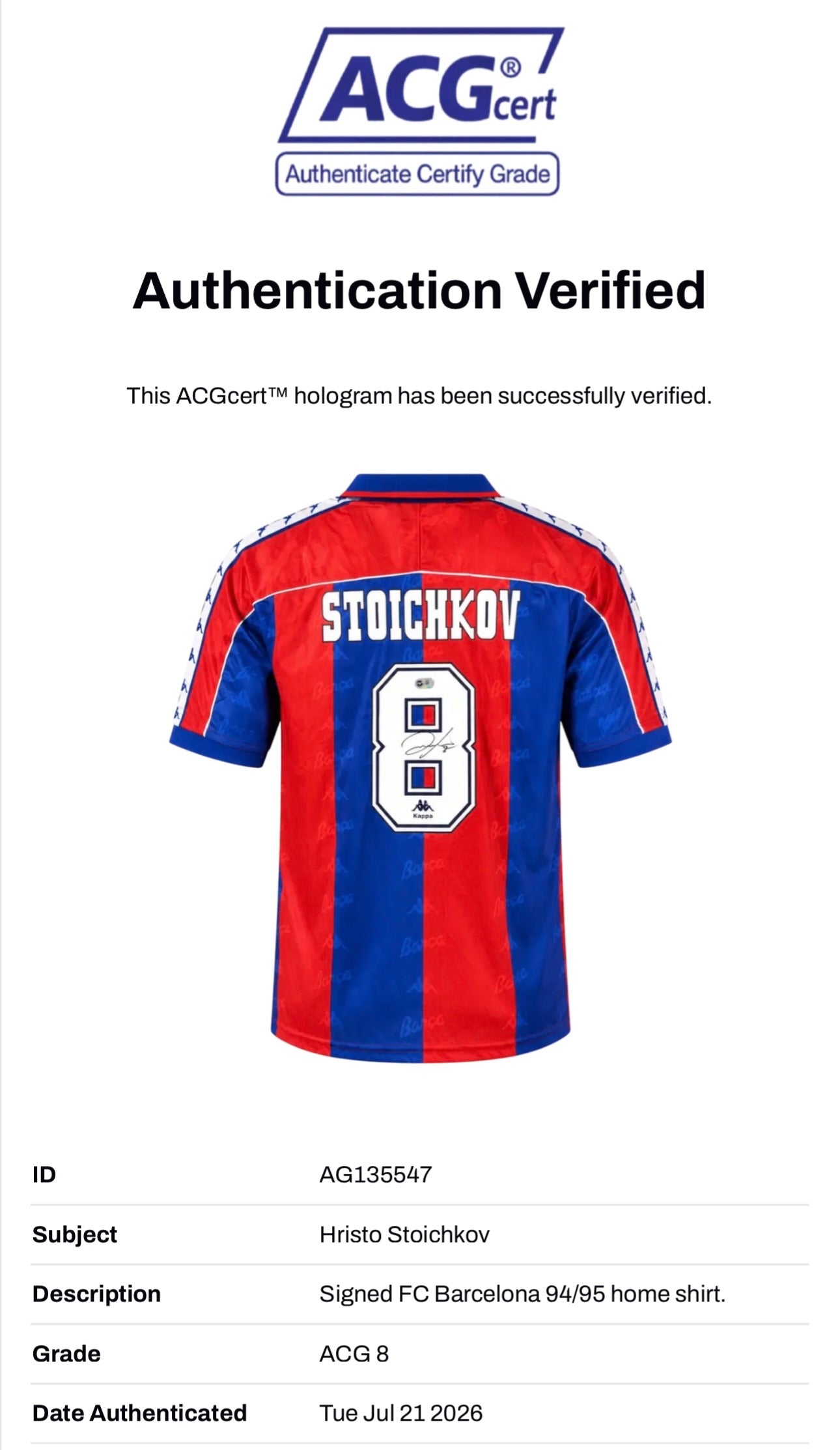 HRISTO STOICHKOV SIGNED FC BARCELONA 94/95 HOME SHIRT (ACG CERT AG135547)-2