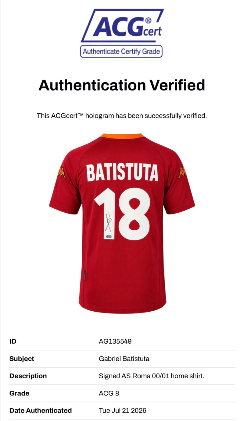 GABRIEL BATISTUTA SIGNED AS ROMA 00/01 HOME SHIRT (ACG CERT AG135549)-2