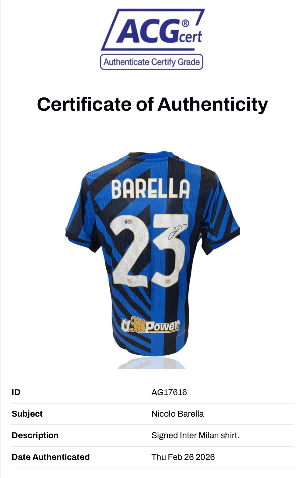 NICOLO BARELLA SIGNED 2024/25 INTER MILAN HOME SHIRT BARELLA 23