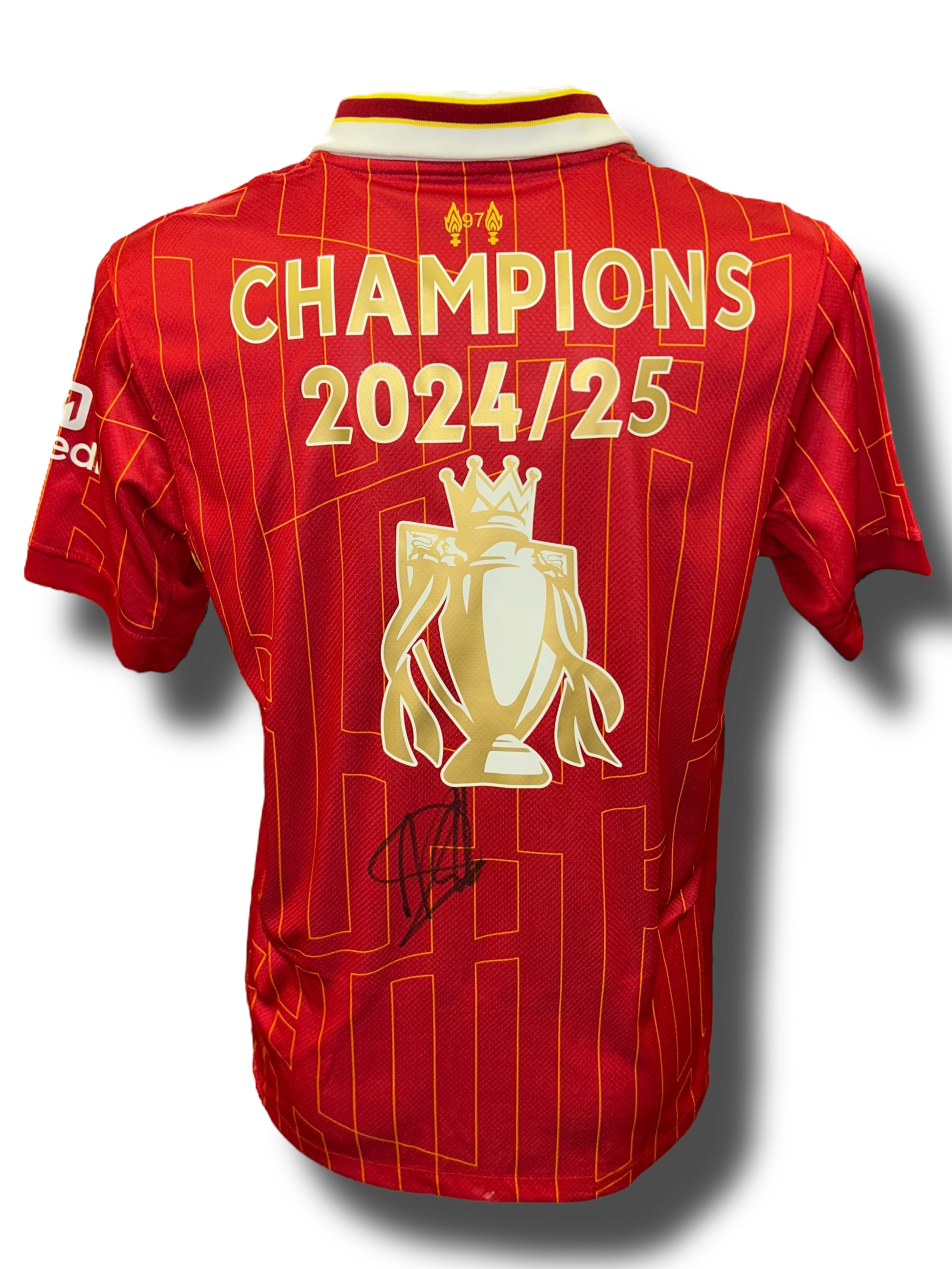 ARNE SLOT SIGNED LIVERPOOL FC 2024/25 CHAMPIONS GOLD TROPHY HOME SHIRT (AFTAL COA)-1