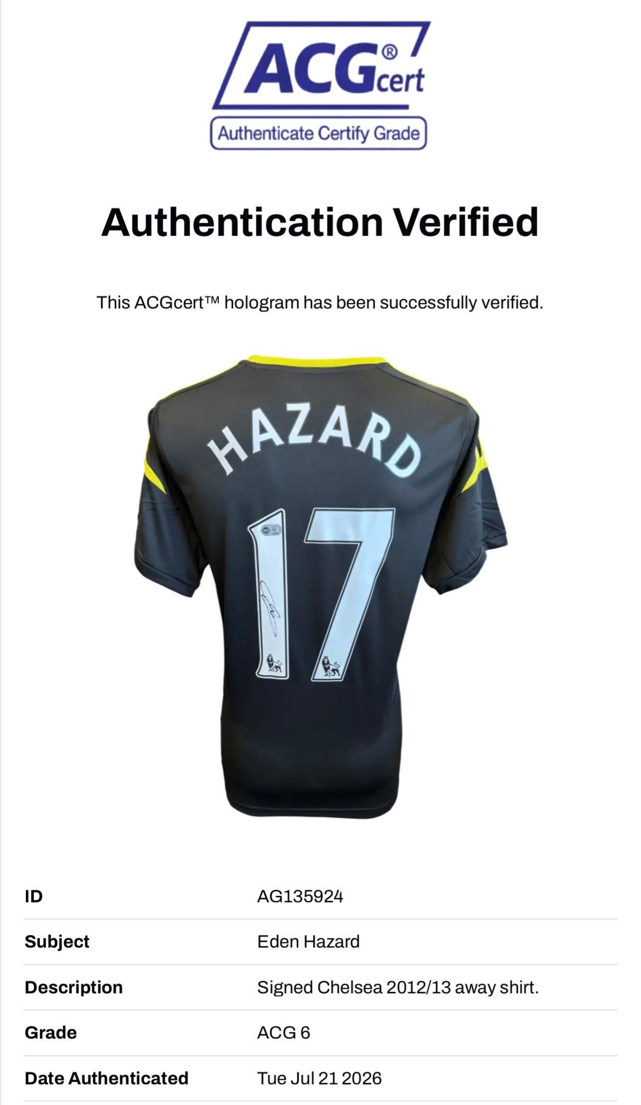 EDEN HAZARD SIGNED CHELSEA 2012/13 AWAY SHIRT (ACG CERT AG135924)-2