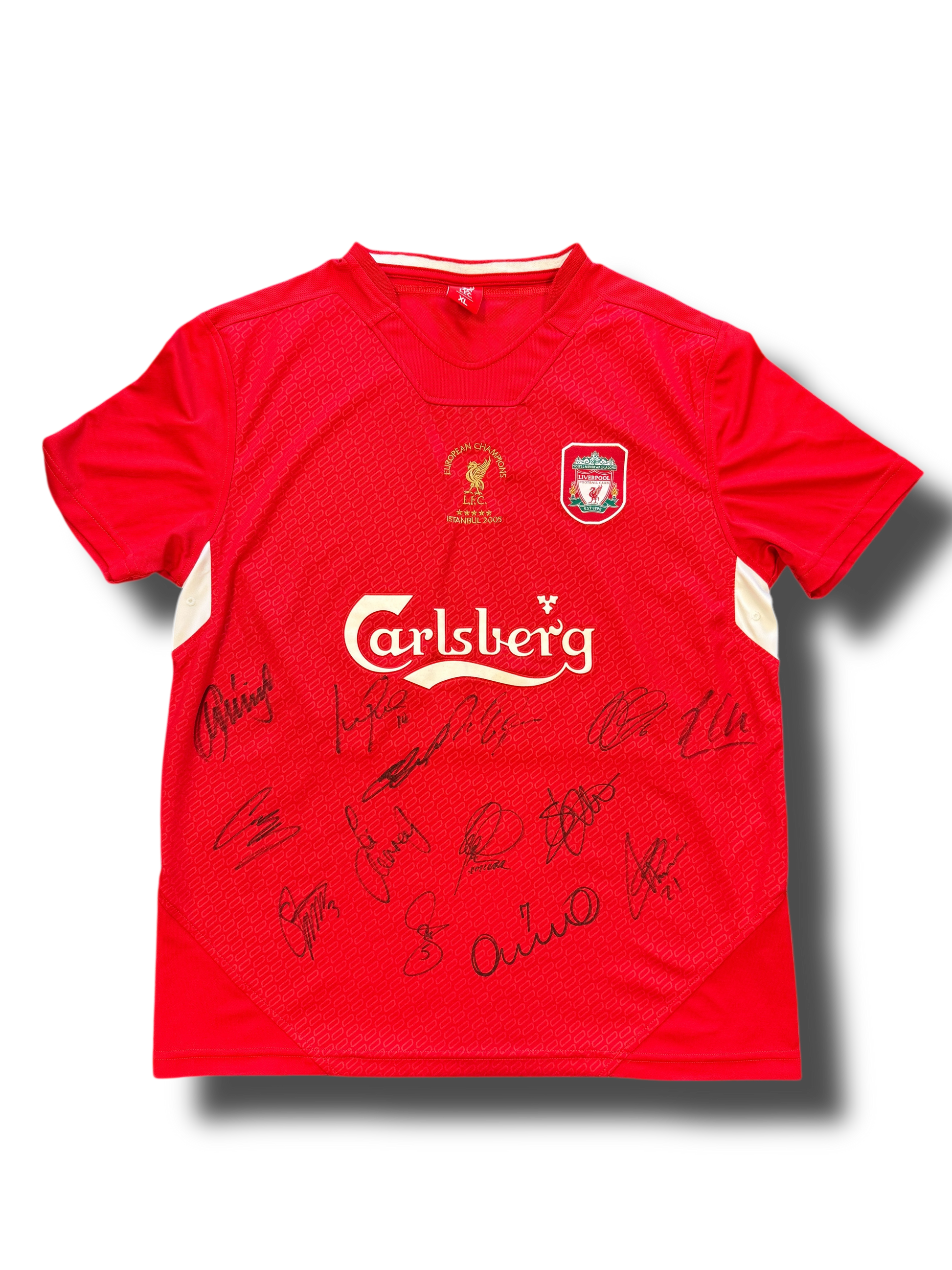 LIVERPOOL FC SIGNED ISTANBUL 2005 SQUAD SHIRT GERRARD ALONSO CARRAGHER (AFTAL COA) 2-1