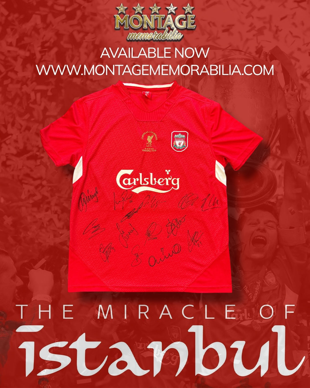 LIVERPOOL FC SIGNED ISTANBUL 2005 SQUAD SHIRT GERRARD ALONSO CARRAGHER (AFTAL COA) 2-2