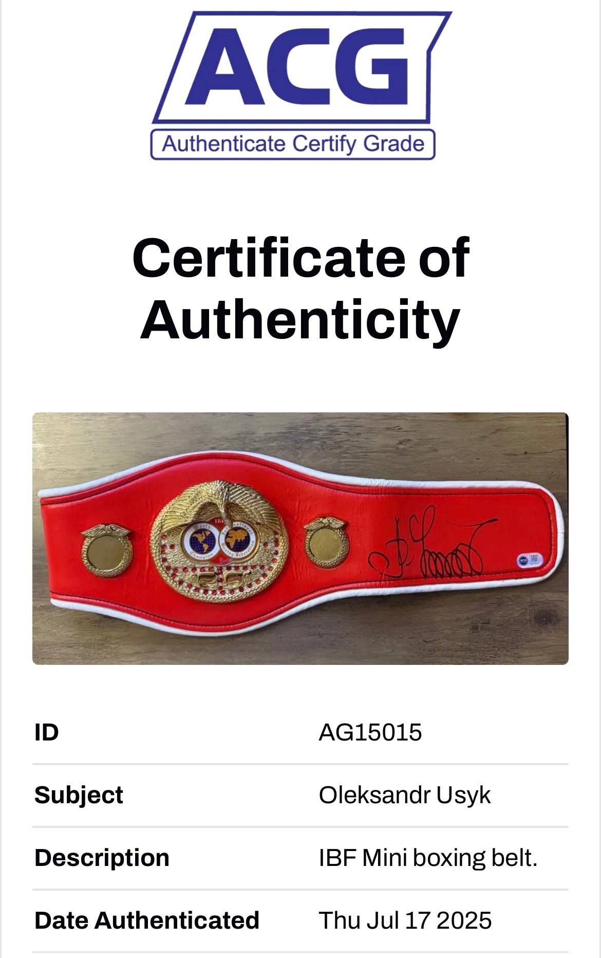 OLEKSANDR USYK SIGNED MINI IBF BOXING BELT (ACG AG15015)