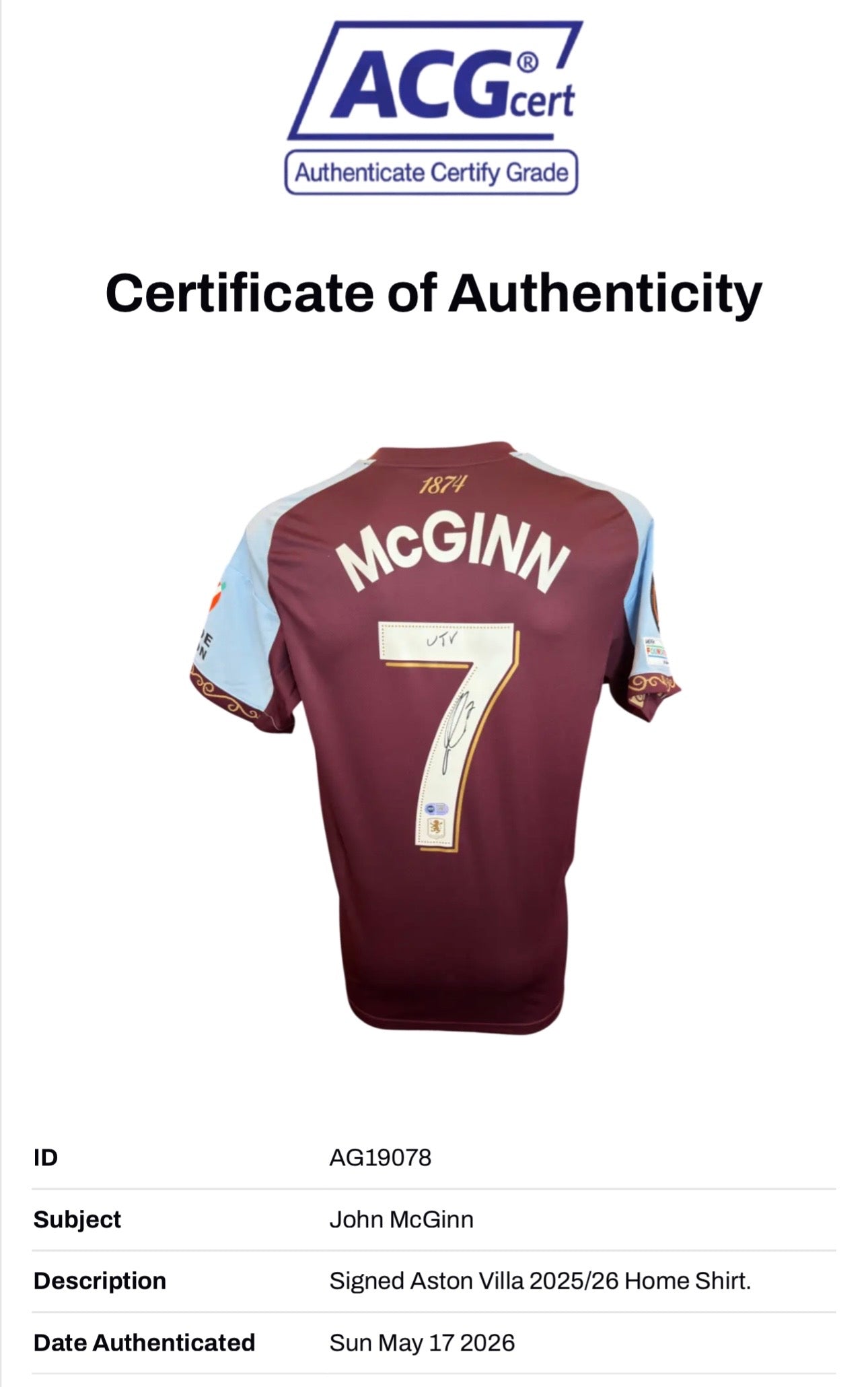 JOHN MCGINN SIGNED 25/26 ASTON VILLA HOME UEL SHIRT (ACG CERT AG19078)-2