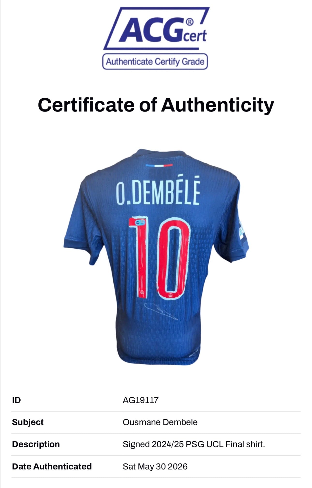 OUSMANE DEMBELE SIGNED 24/25 PARIS SAINT-GERMAIN HOME SHIRT (ACG CERT AG19118)